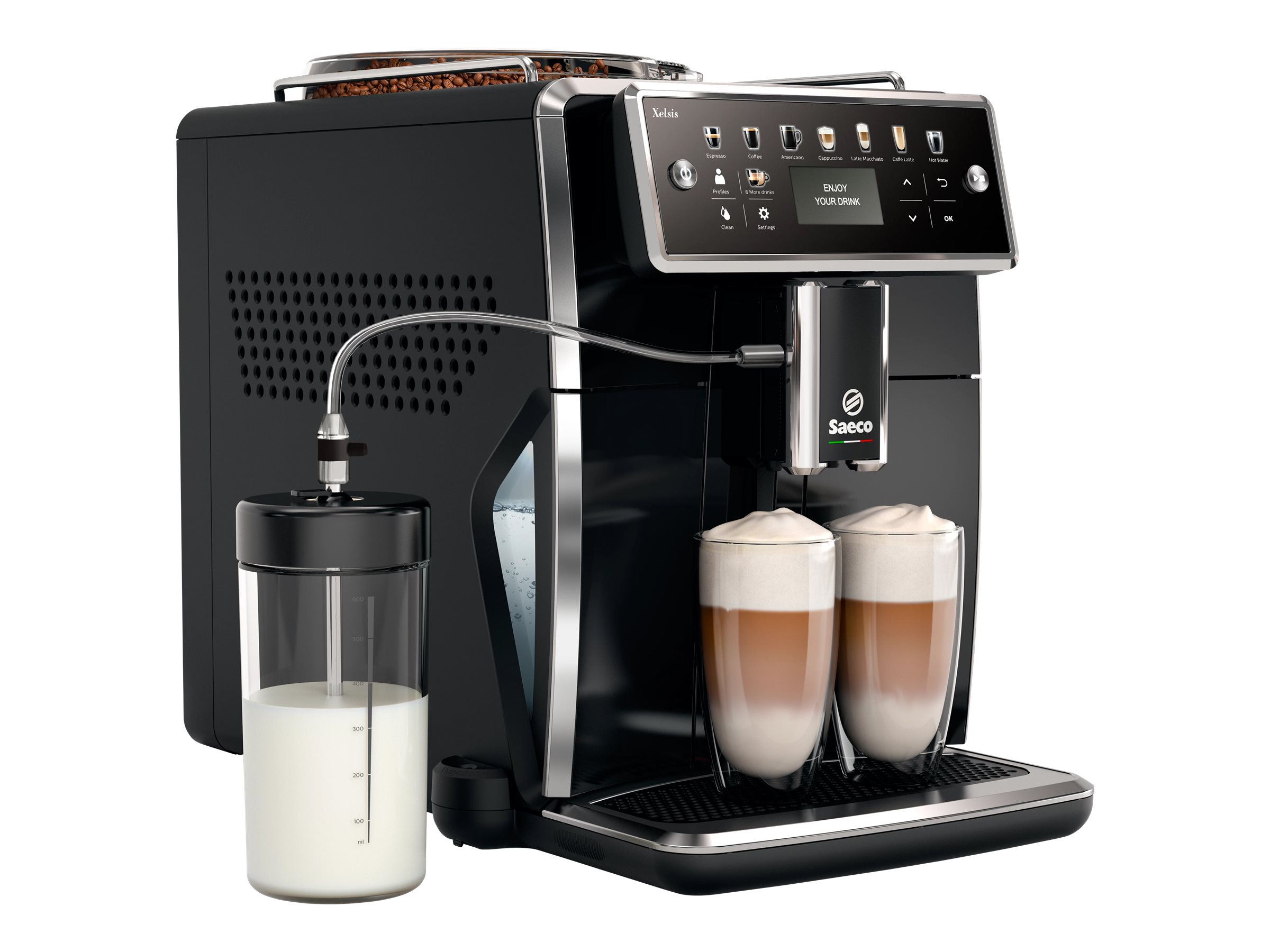 SAECO SM8780/00 Xelsis Deluxe Kaffeevollautomat (Klavierlack-Schwarz, Keramik, 15 bar, externer Milchbehälter)