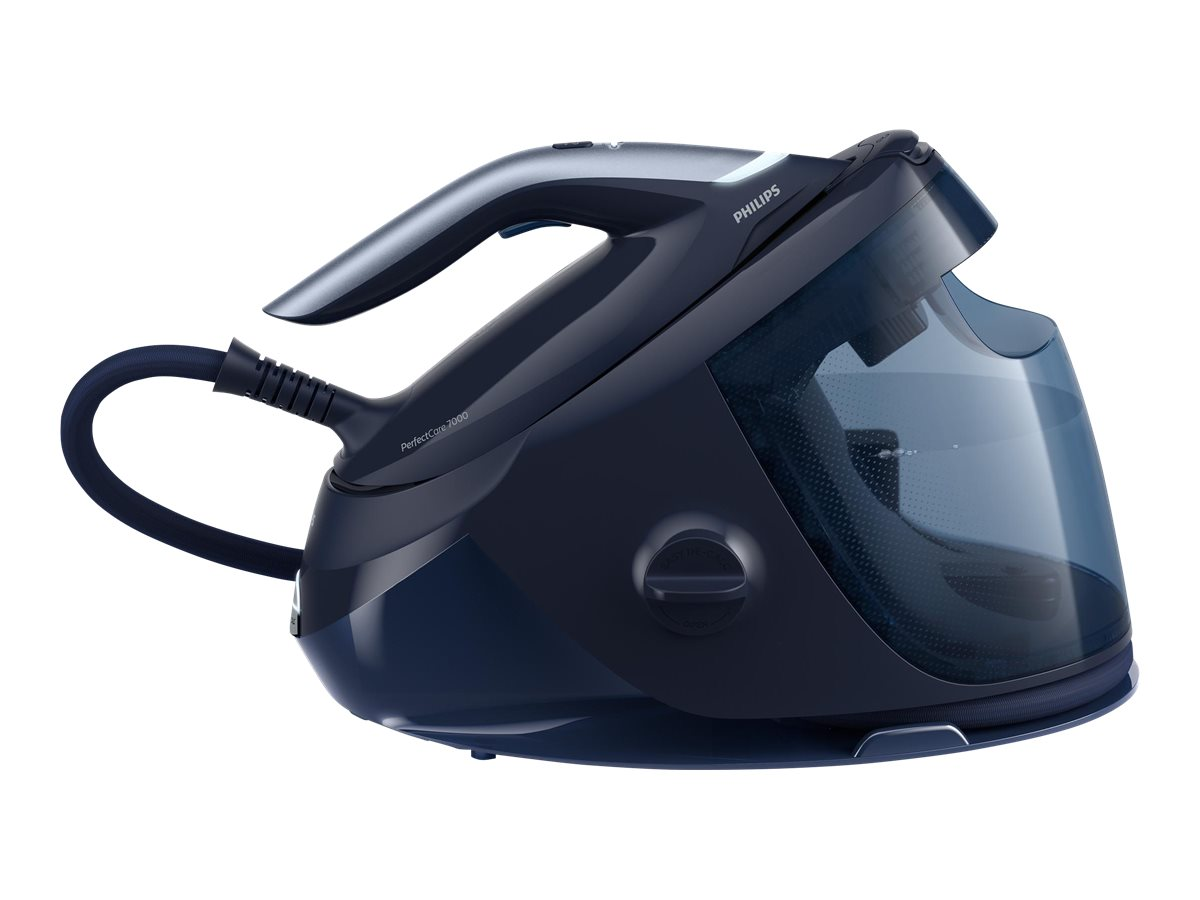 Dunkelblaues Philips PerfectCare Bügeleisen mit Wassertank und gebogenem Griff.