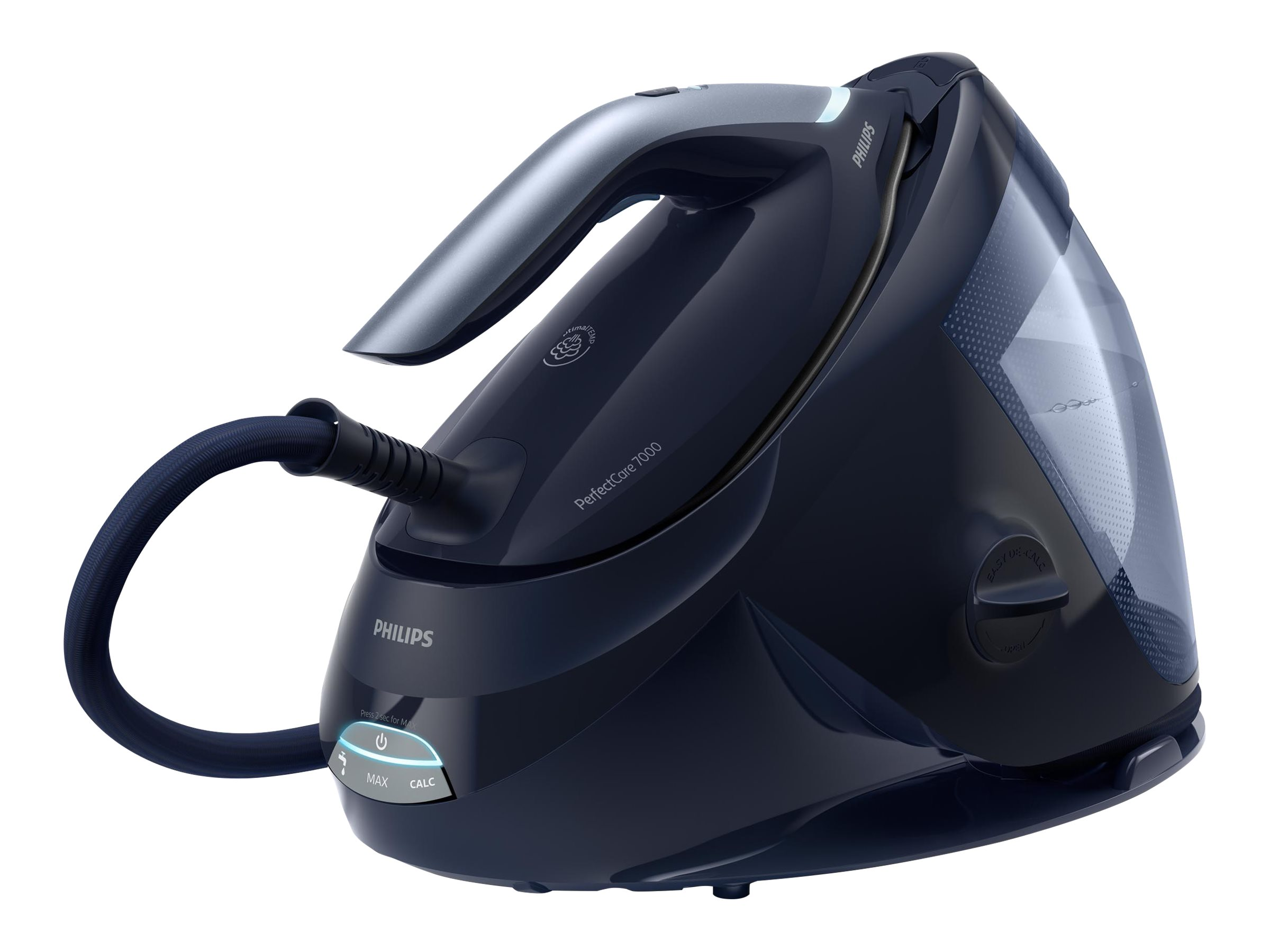 Ein dunkelblaues und silbernes Philips PerfectCare 7000 Bügeleisen, nach links gerichtet, auf weißem Hintergrund.