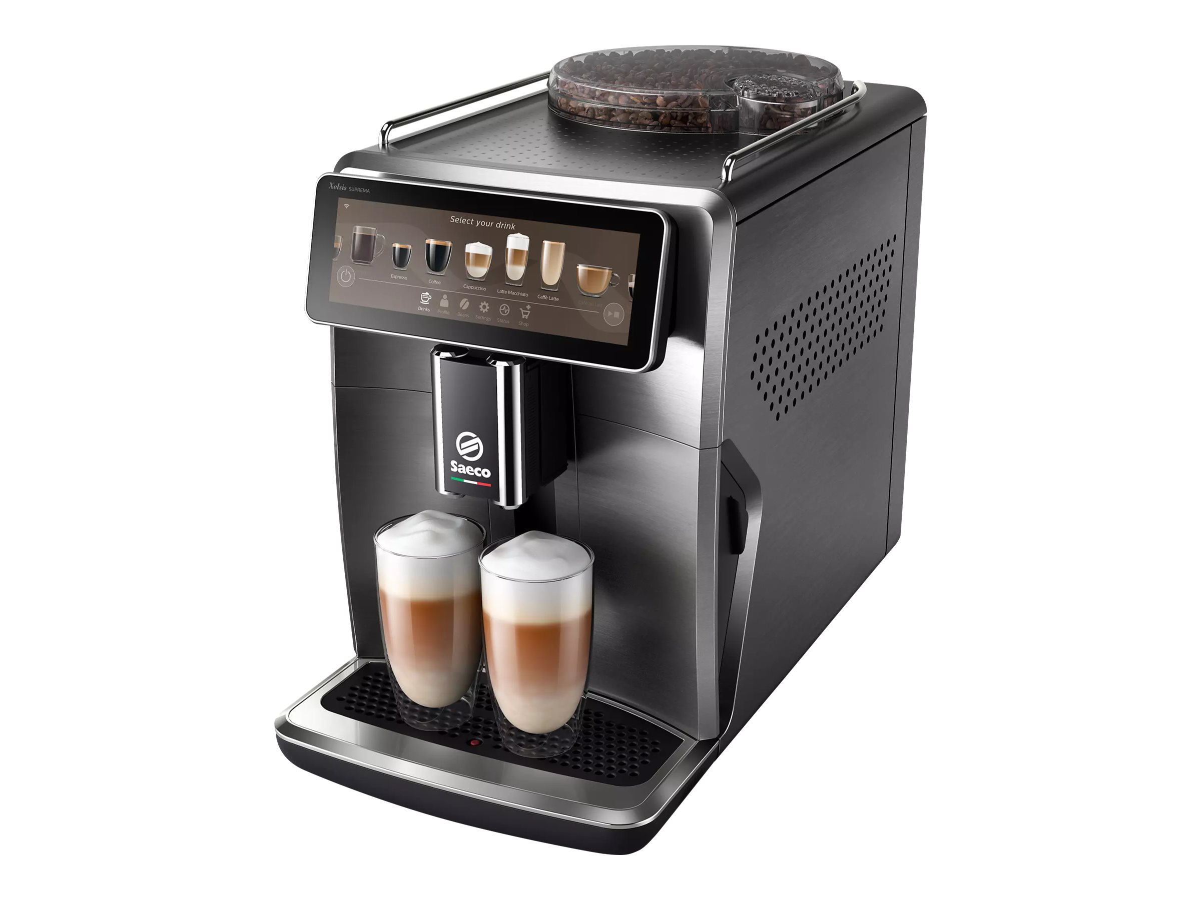 Kaffeemaschine mit zwei Latte Macchiato. Der Bildschirm zeigt Kaffeesorten. Weißer Hintergrund.