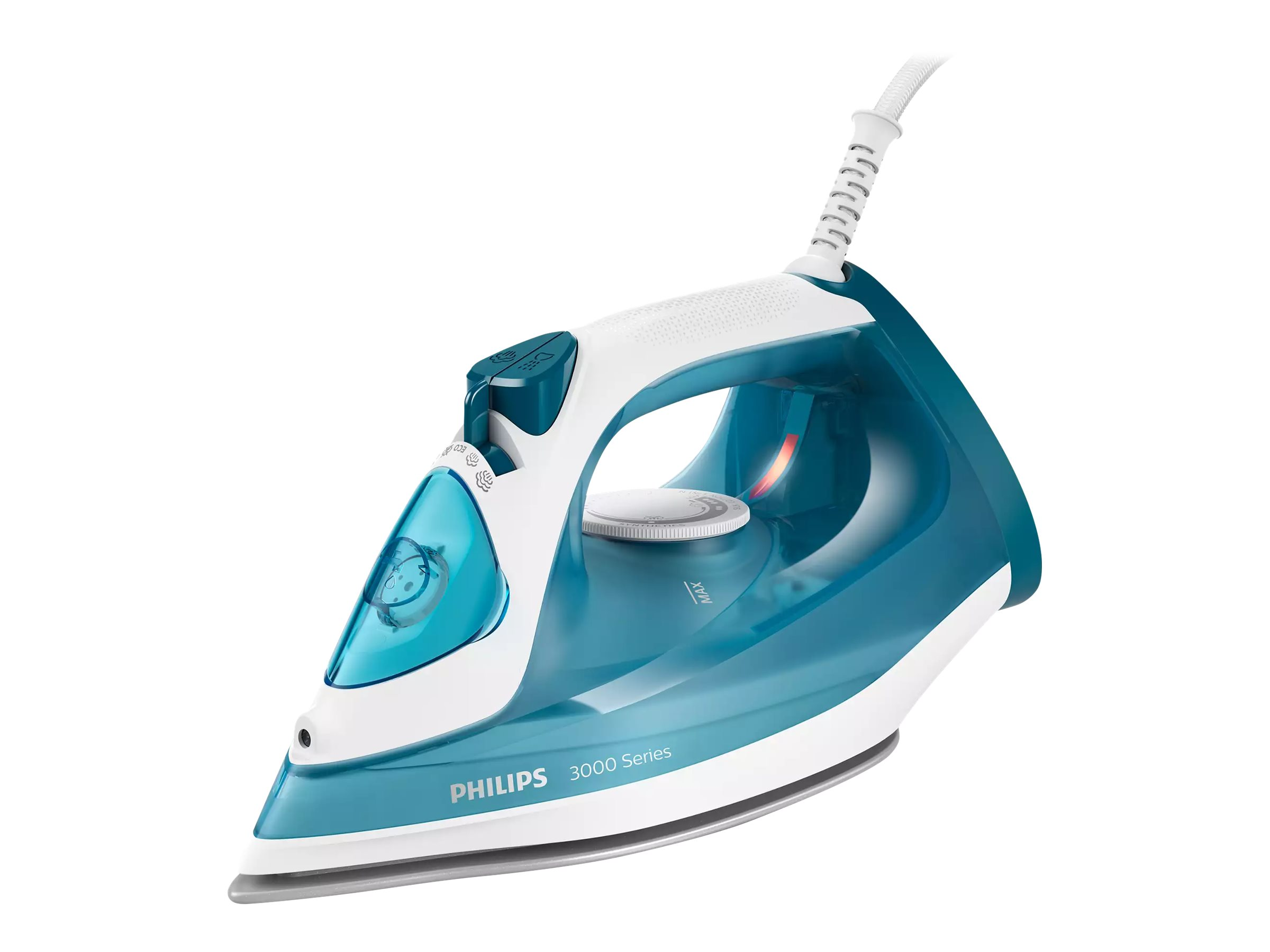 Ein türkis-weißes Philips-Bügeleisen mit Wassertank und Dampftaste.