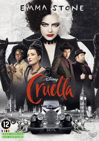 Cruella filmposter. Toont Emma Stone met zwart en wit haar, omringd door andere acteurs.