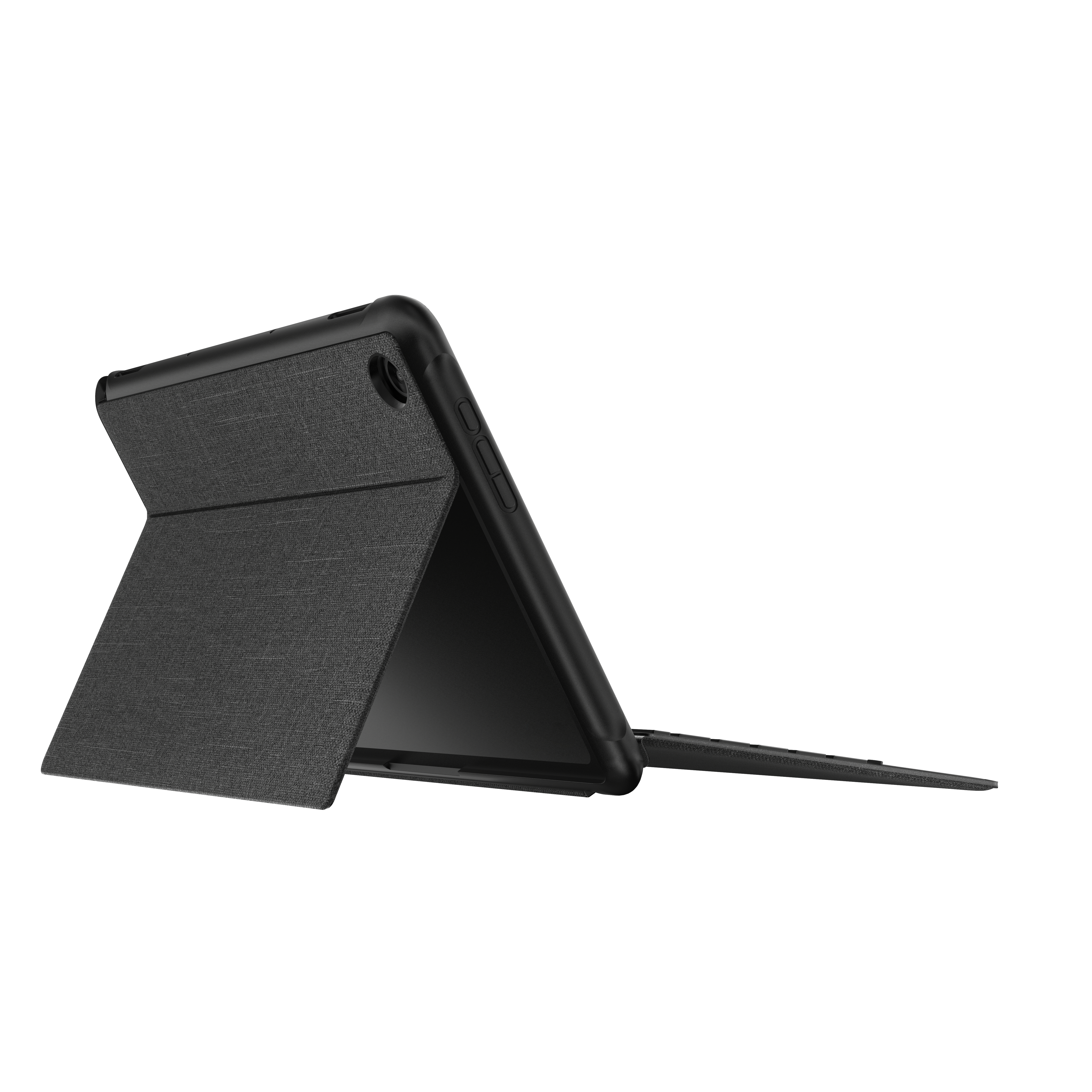 Ein Tablet in einer schwarzen Hülle, aufgestellt, wobei der Bildschirm vor weißem Hintergrund sichtbar ist.
