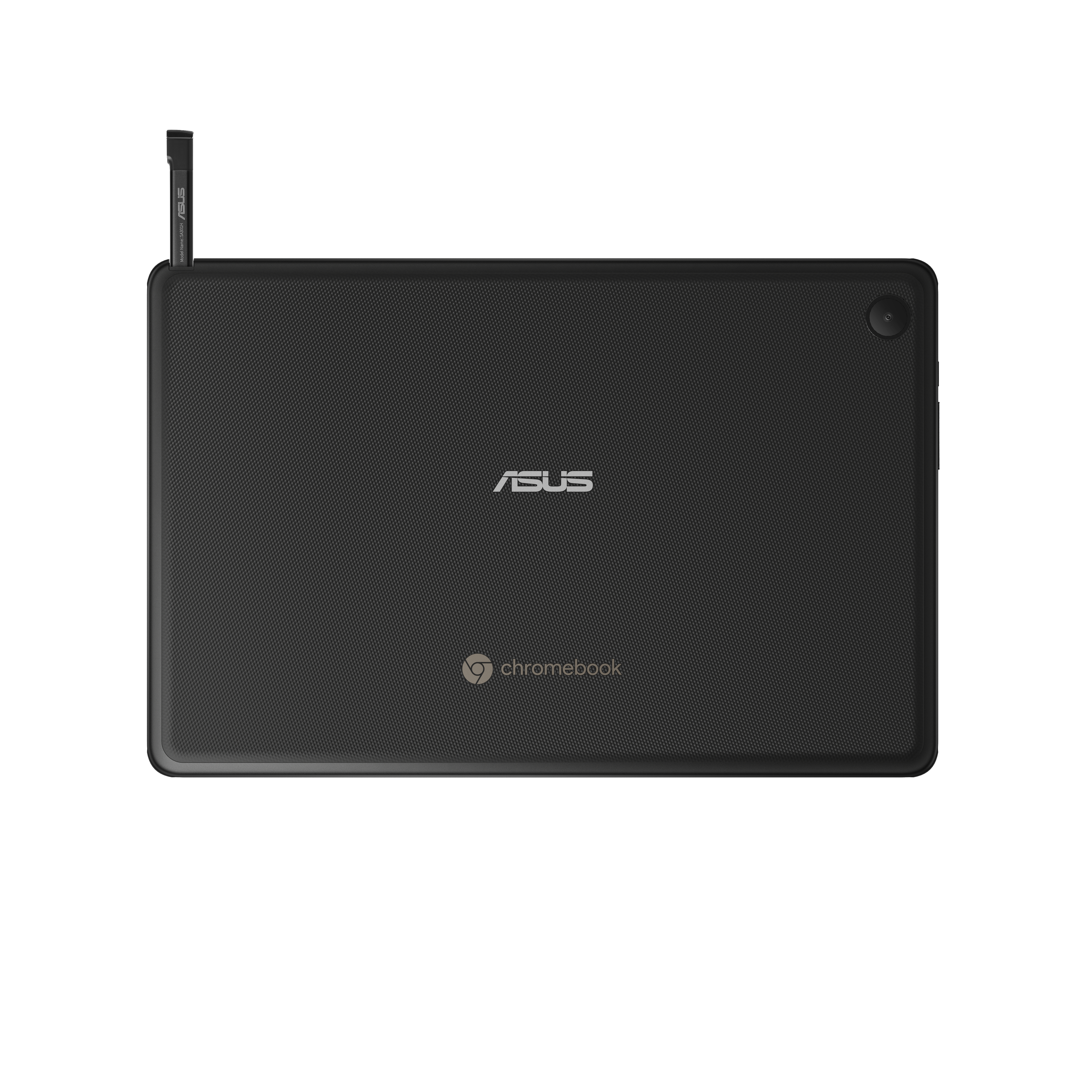 Schwarzes ASUS Chromebook Tablet, Rückansicht, mit eingesetztem Stift. Weißer Hintergrund.