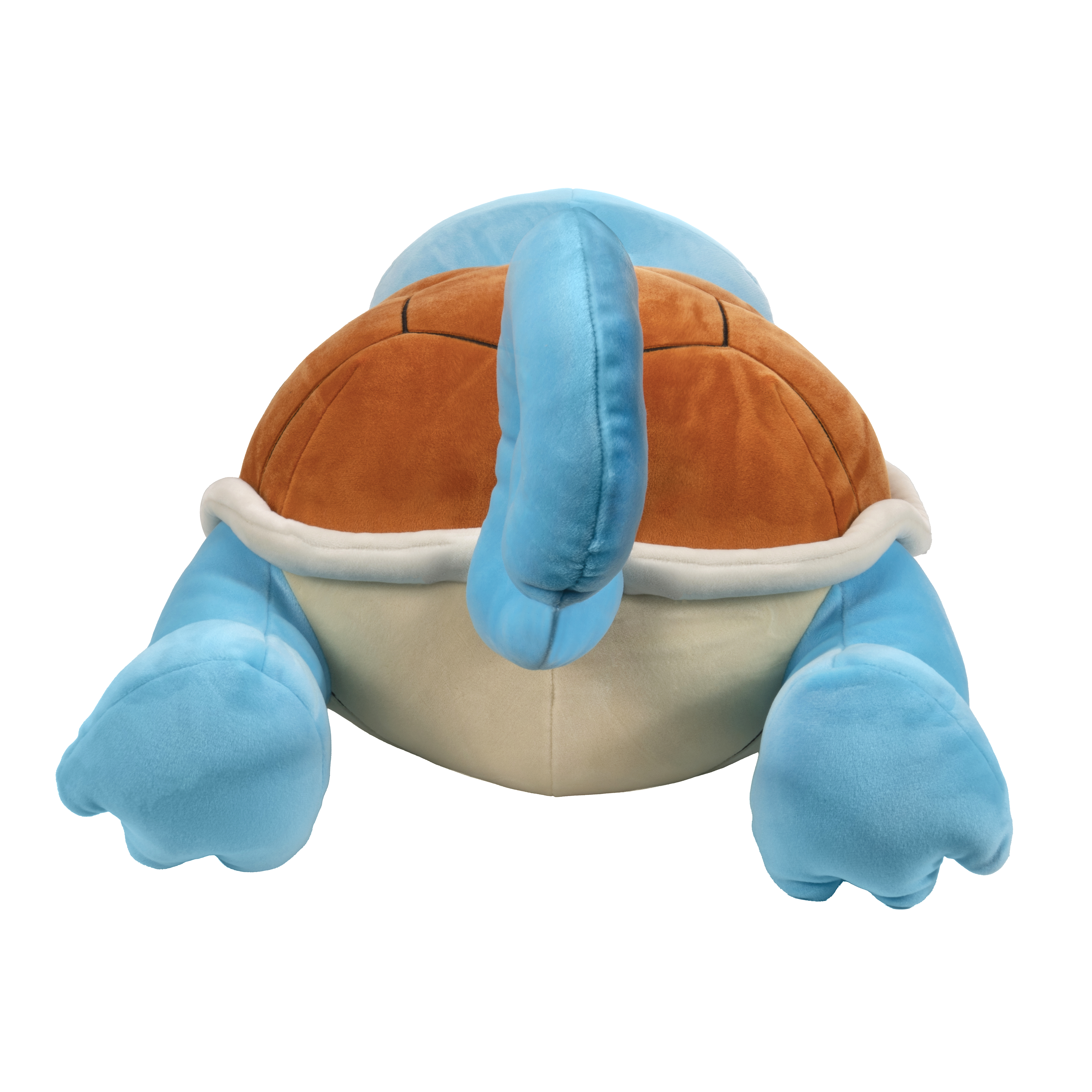 Ein blaues und braunes Plüschtier des Pokémon Schiggy, von hinten gesehen.