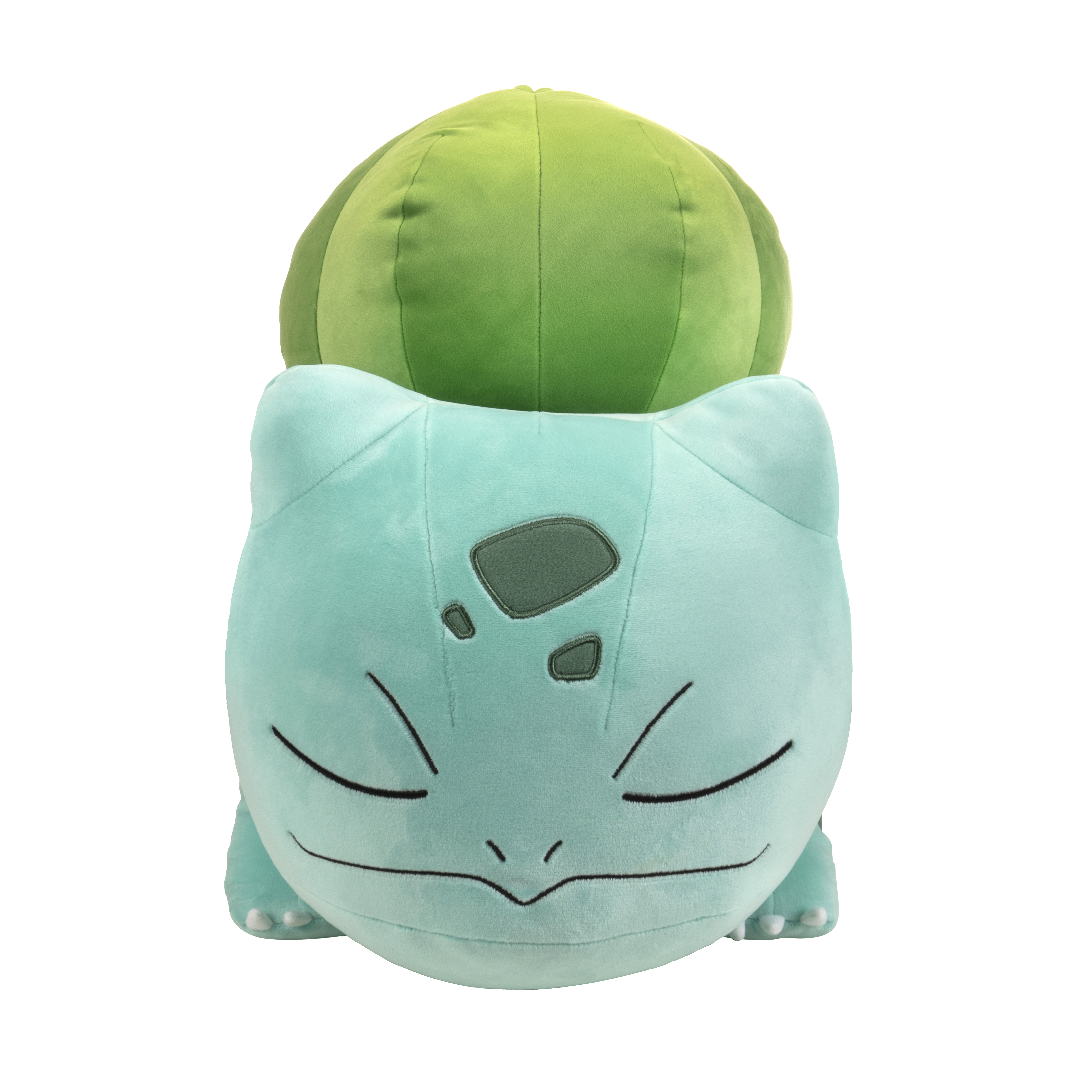 Bulbasaur-Plüschtier in Sitzposition, mit grünem Kopf und grüner Knolle oben.
