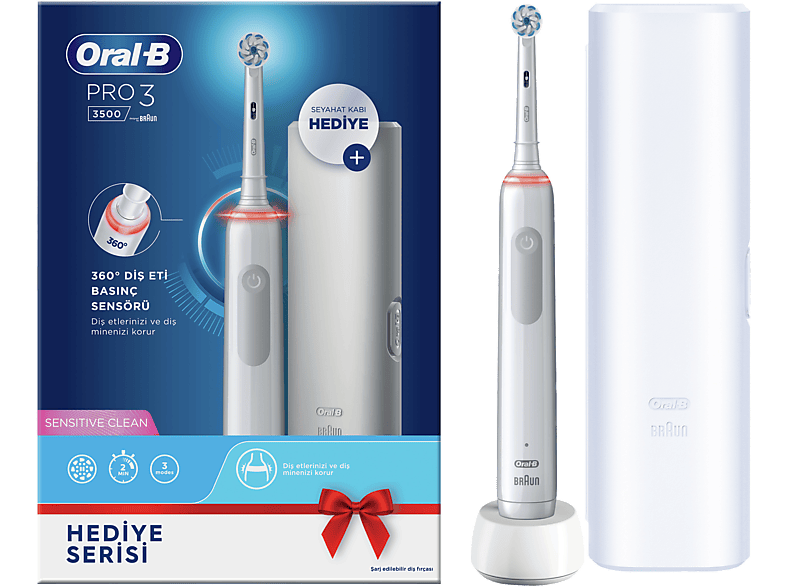 ORAL B Pro 3500 Beyaz Şarjlı Diş Fırçası + Seyahat Kabı