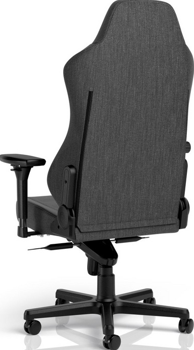 Vista posteriore di una moderna sedia da ufficio grigia scura con braccioli regolabili e base nera con ruote.