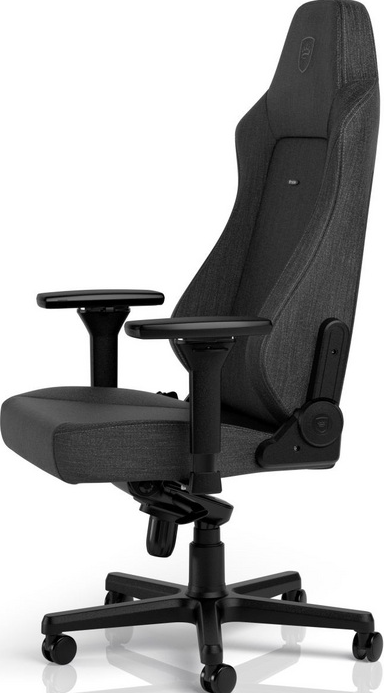 Una moderna sedia da gioco nera con braccioli regolabili e schienale alto.