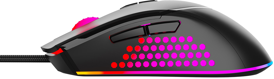 A black gaming mouse with red, pink, and blue lights. The mouse has a braided cable.