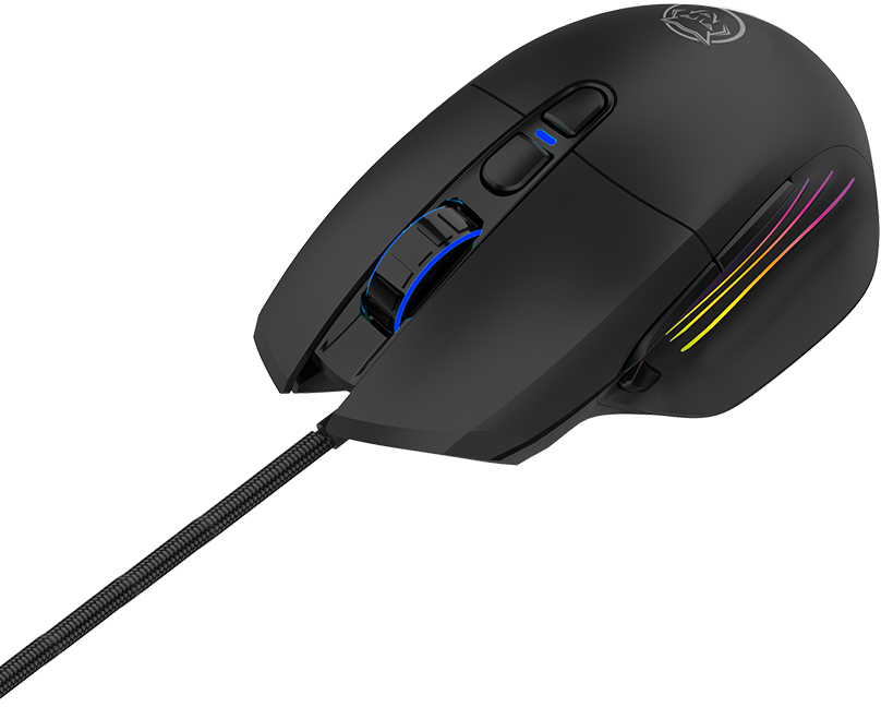Black gaming mouse with colored lights, a scroll wheel, and side buttons, connected to a cable.