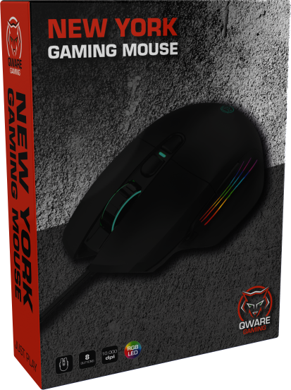 Black gaming mouse in a box with the mouse on display and text on the box.