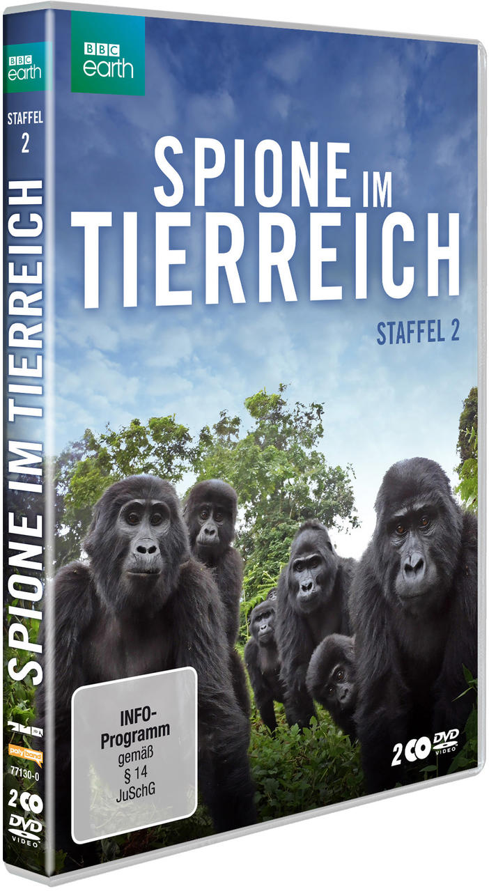 DVD-Cover mit Gorillas. Text: Spione im Tierreich, Staffel 2. BBC Earth Logo.