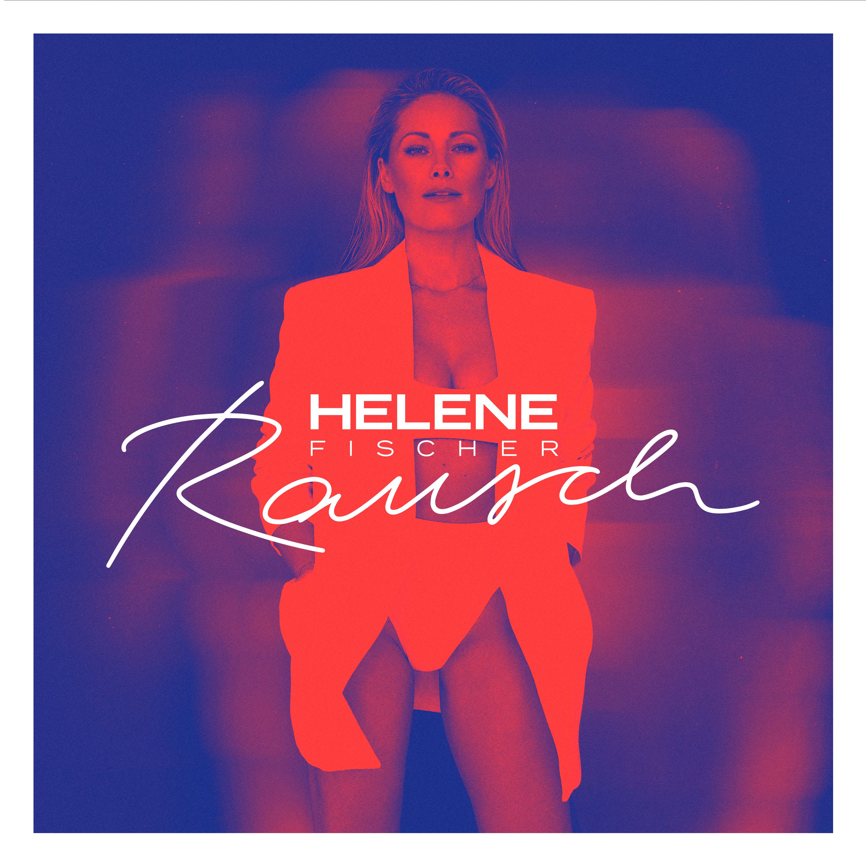 Helene Fischer Albumcover. Frau im roten Anzug. Weißer Text 'Helene Fischer' und 'Rausch'.