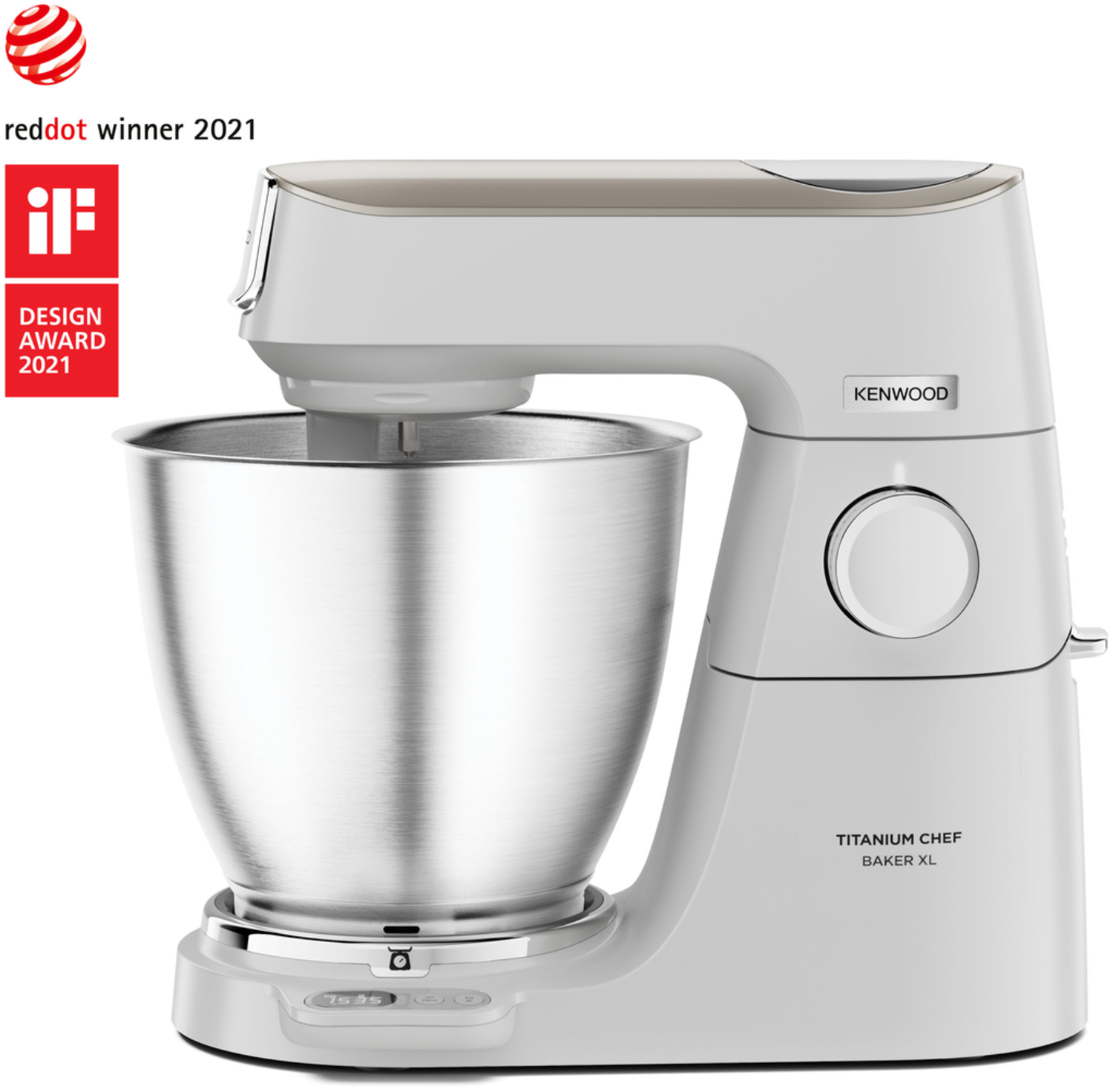 Weißer Kenwood Titanium Chef Baker XL Mixer mit Edelstahlschüssel und Auszeichnungen.