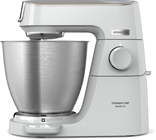 Weißer Kenwood Titanium Chef Baker XL Mixer mit einer Edelstahlschüssel.