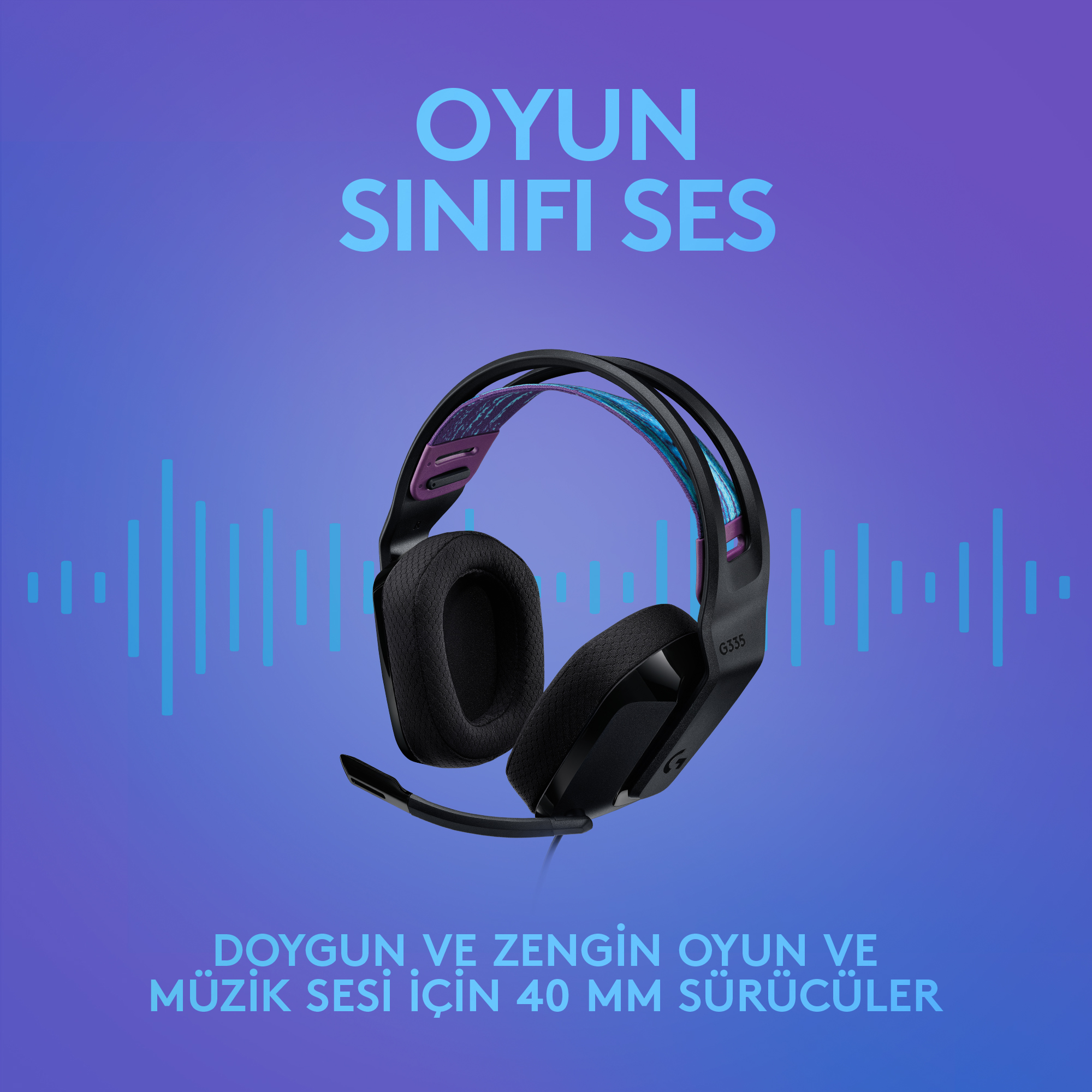 Siyah bir oyun kulaklığı. Arka plan, ses dalgaları ile mavi ve mor renklere sahiptir.