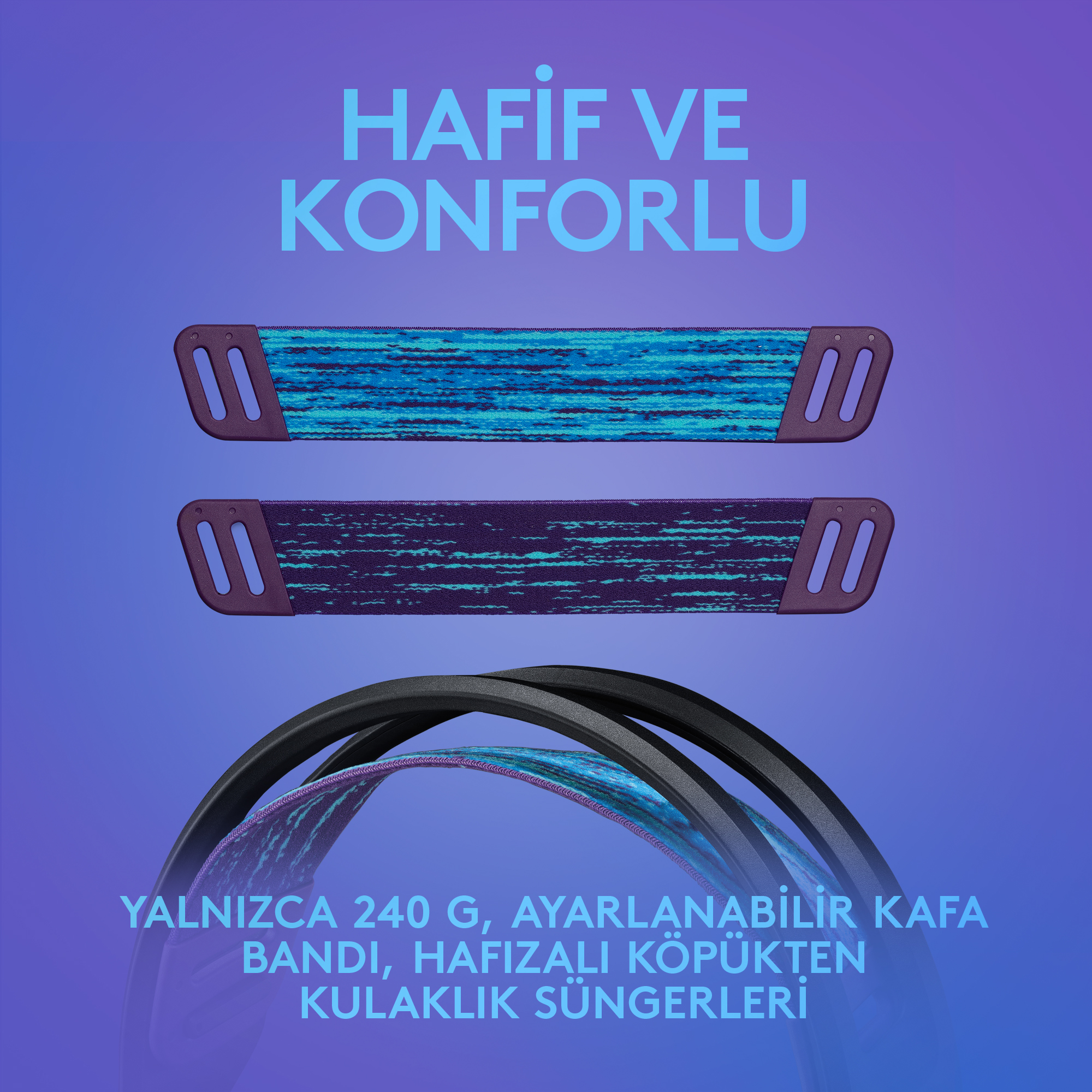 Mavi ve mor bir arka plan üzerinde kafa bandı ve kulak yastıkları.