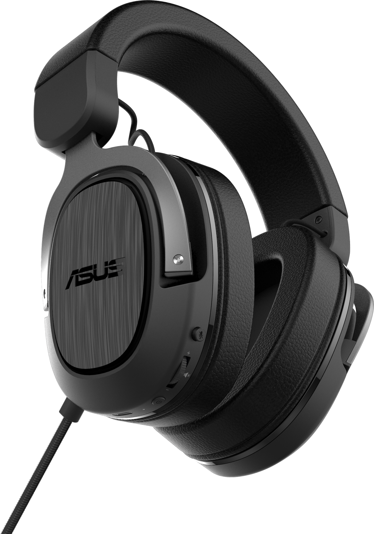 Fekete ASUS gaming headset látható kábellel, fekete háttér előtt, enyhén megdöntve.