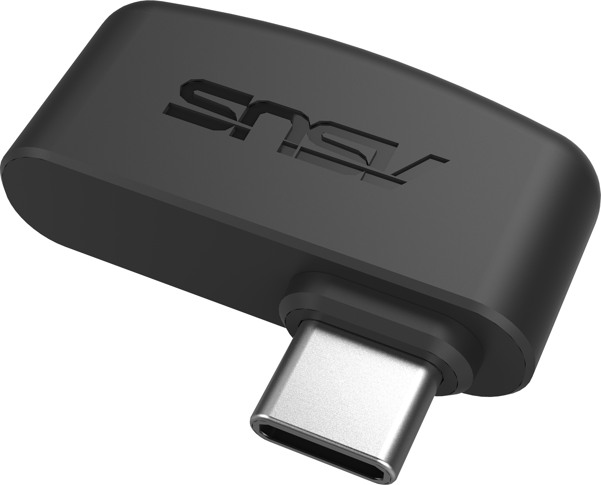 Fekete ASUS USB-C adapter, szögben, fekete háttéren. Az 'ASUS' logó látható.
