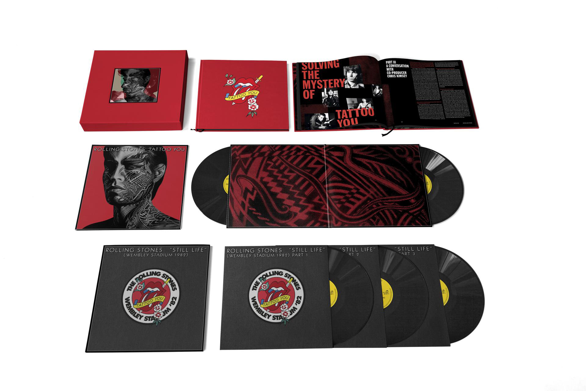 Rolling Stones 'Tattoo You' Box-Set mit Schallplatten, Albumkunst und Text auf weißem Hintergrund.