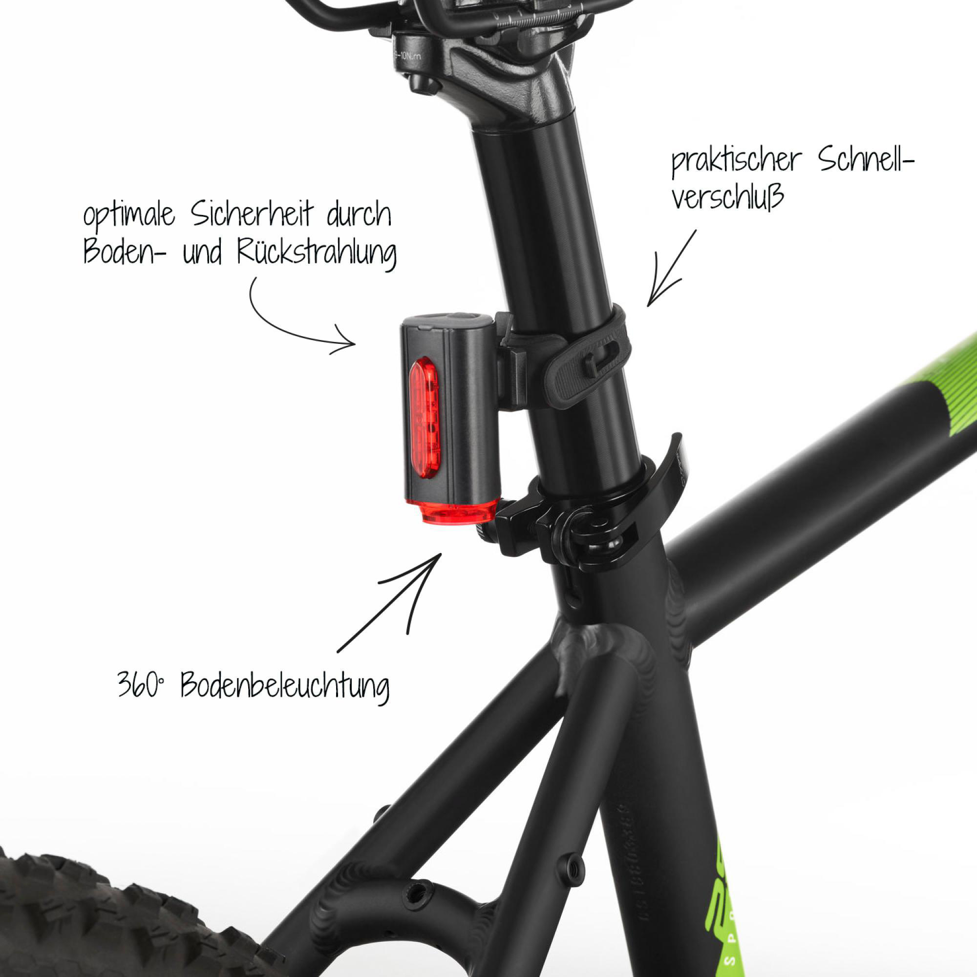 Schwarzer Fahrradrahmen mit angebrachtem rotem Fahrradlicht. Text auf Deutsch hebt Merkmale hervor.