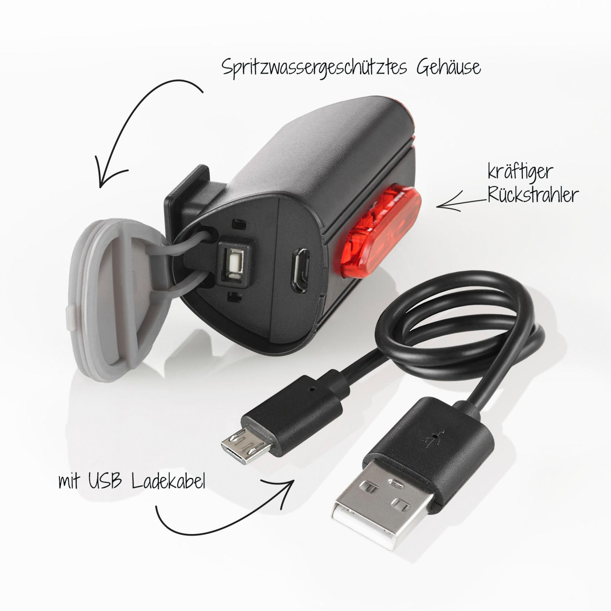 Schwarzes Fahrradlicht mit USB-Kabel. Es hat ein rotes Rücklicht, Pfeile, die die Teile und Texte zeigen.