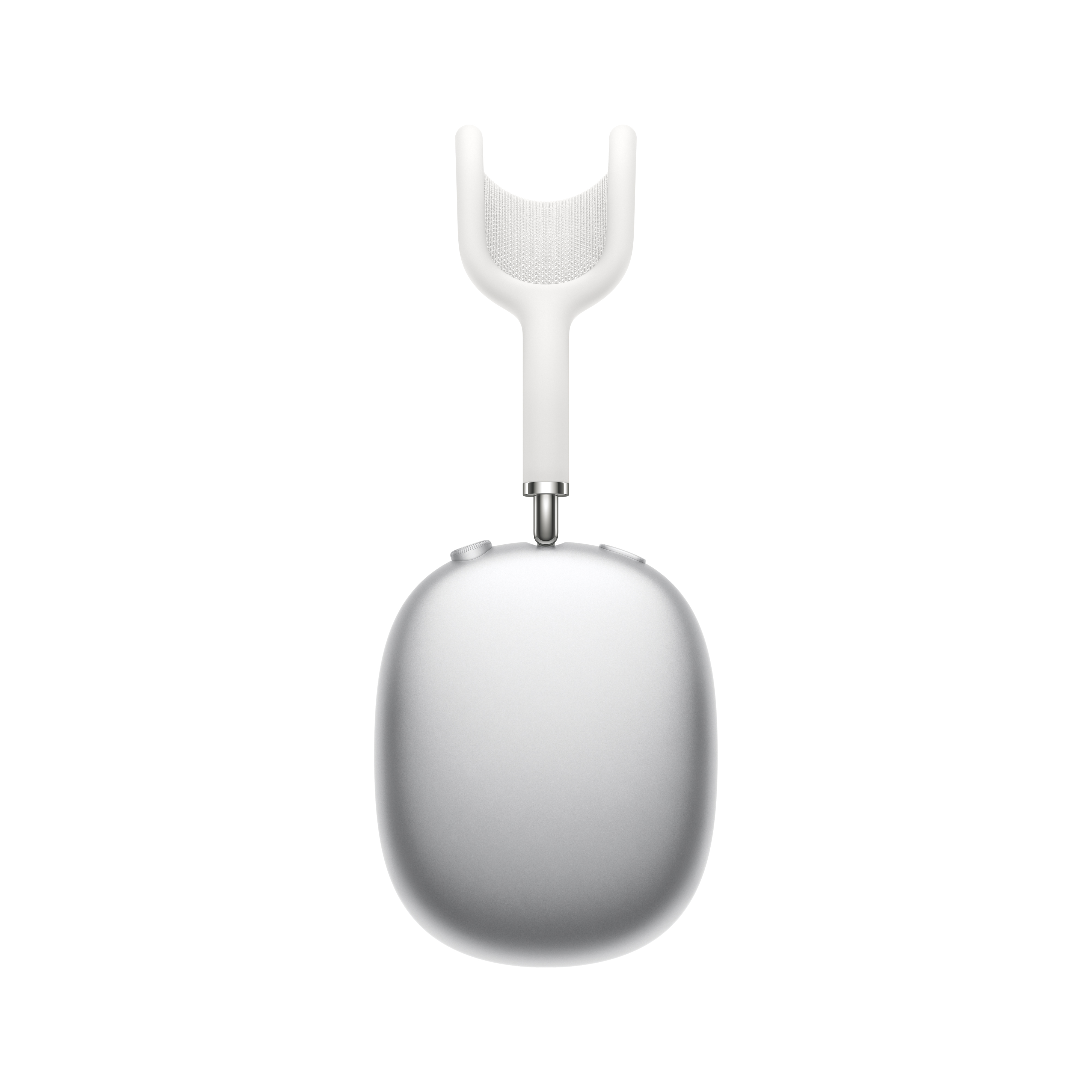 Beyaz bir arka planda beyaz Apple AirPods Max kulaklık, kafa bandını ve kulaklık başlıklarını gösteriyor.