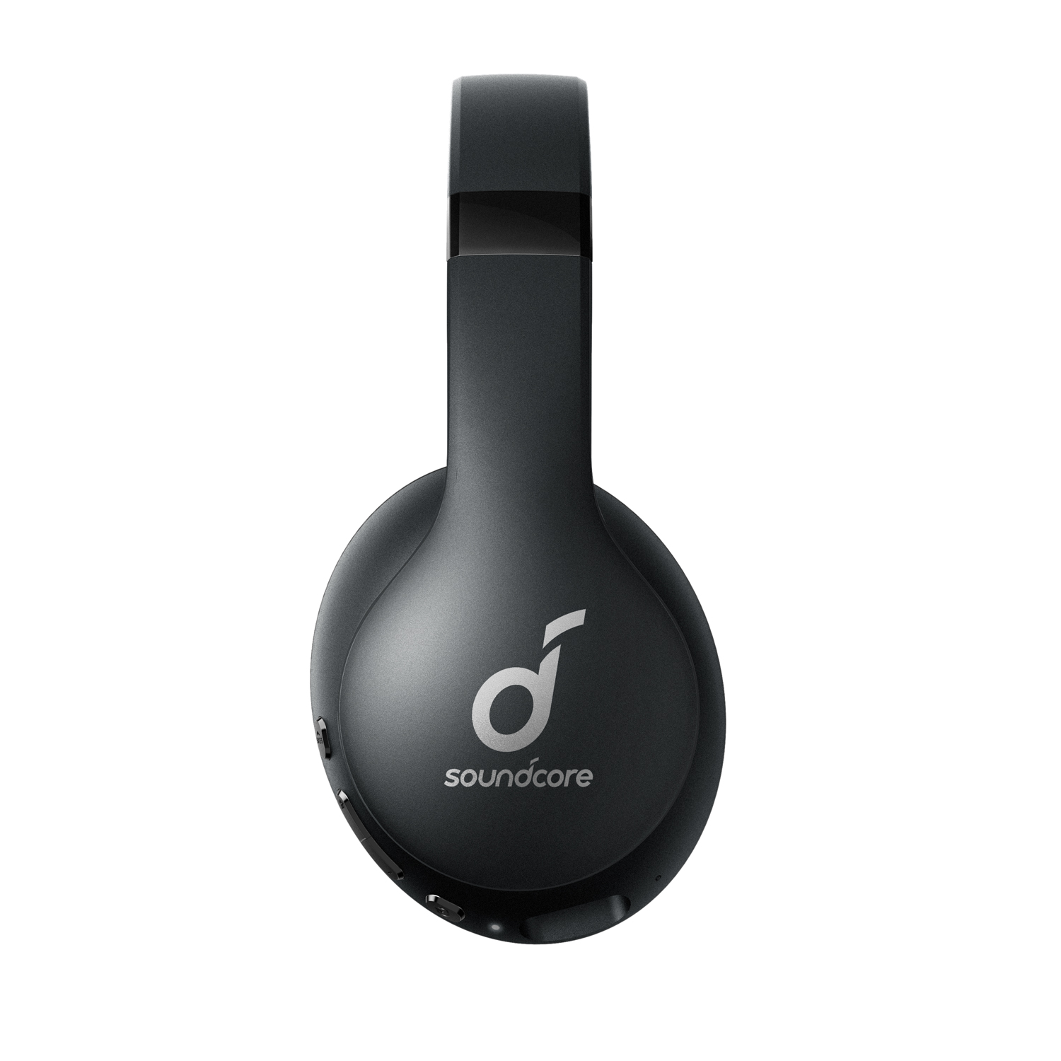 'd' logosu ve 'soundcore' yazısı olan siyah Soundcore kulaklıklar.