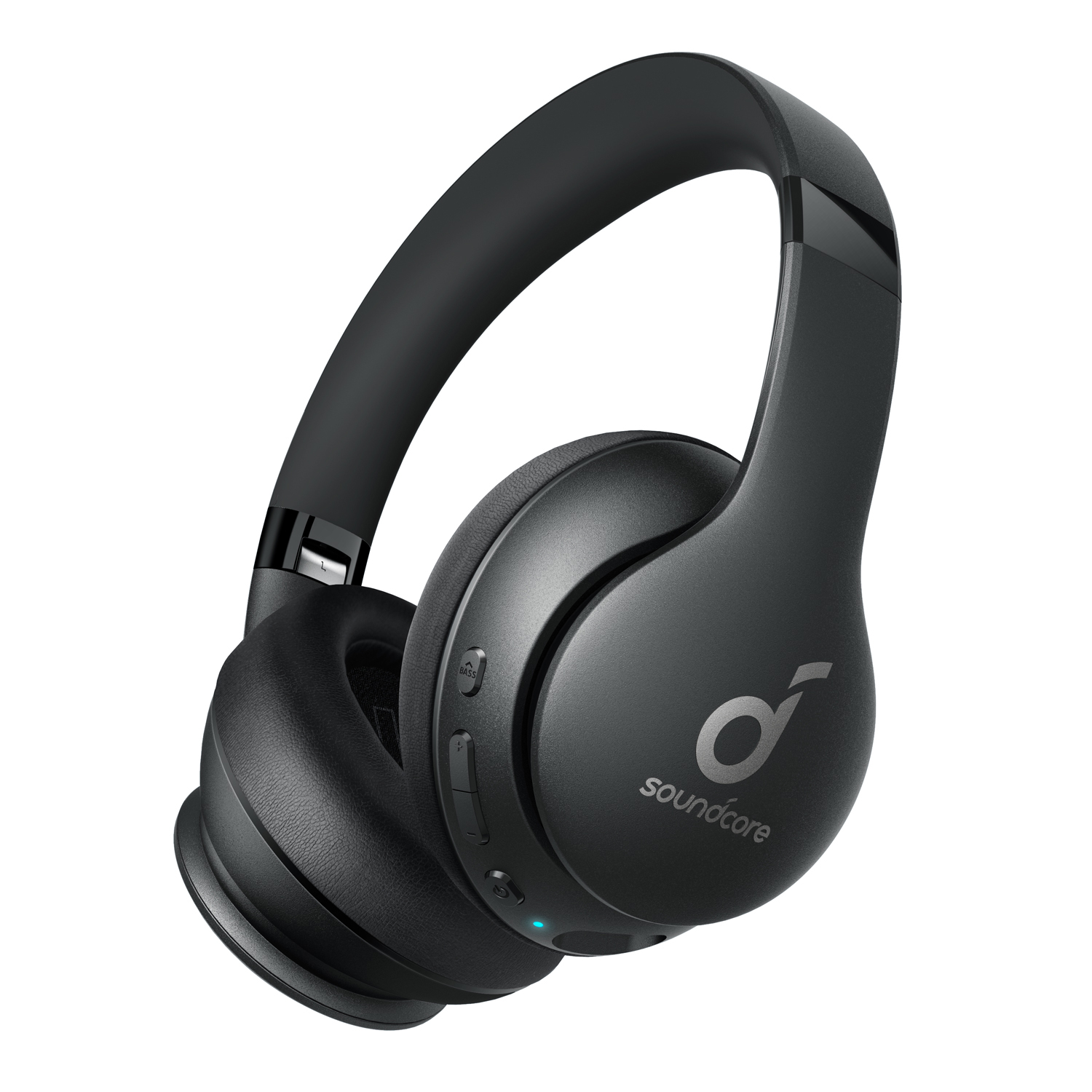 Soundcore logosu olan siyah kulak üstü kulaklıklar, kulaklıkları ve kafa bandını gösteriyor.