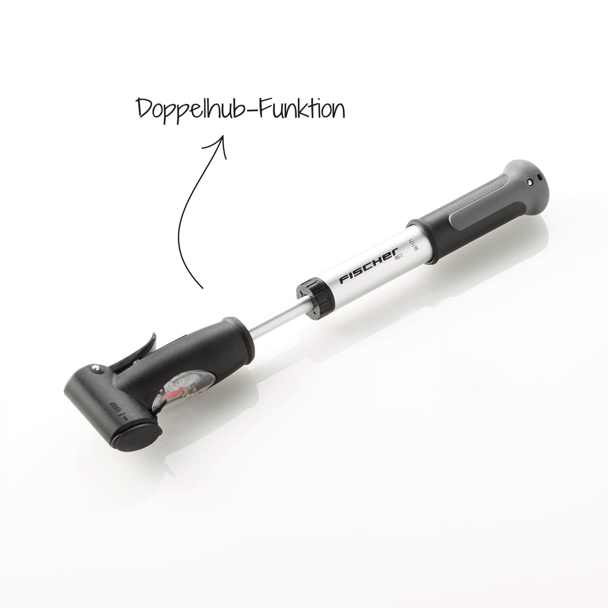 Eine schwarz-graue Fahrradpumpe. Der Text 'Doppelhub-Funktion' steht darüber.