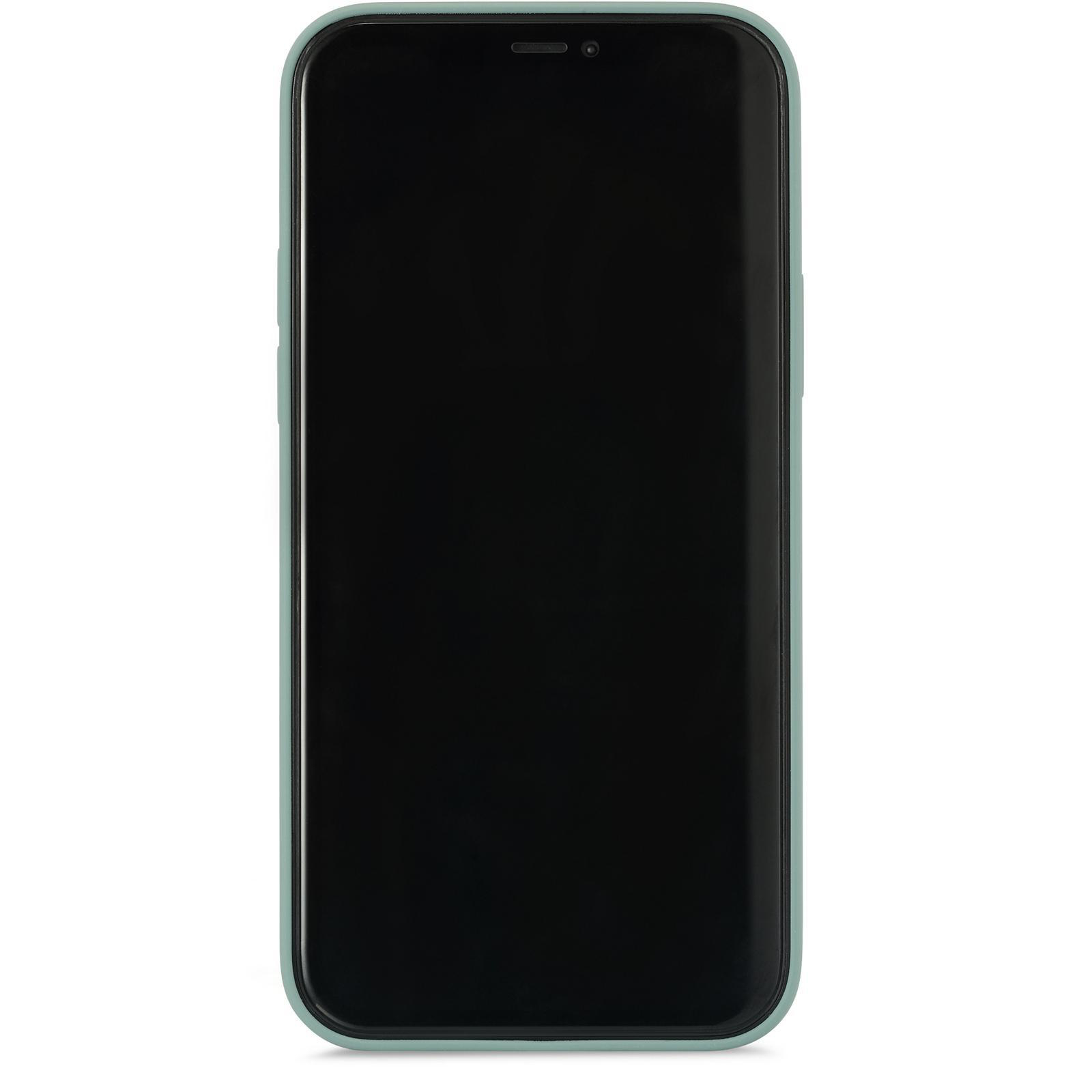 Ein Smartphone mit hellgrünem Gehäuse, schwarzem Bildschirm und Frontkamera, isoliert.