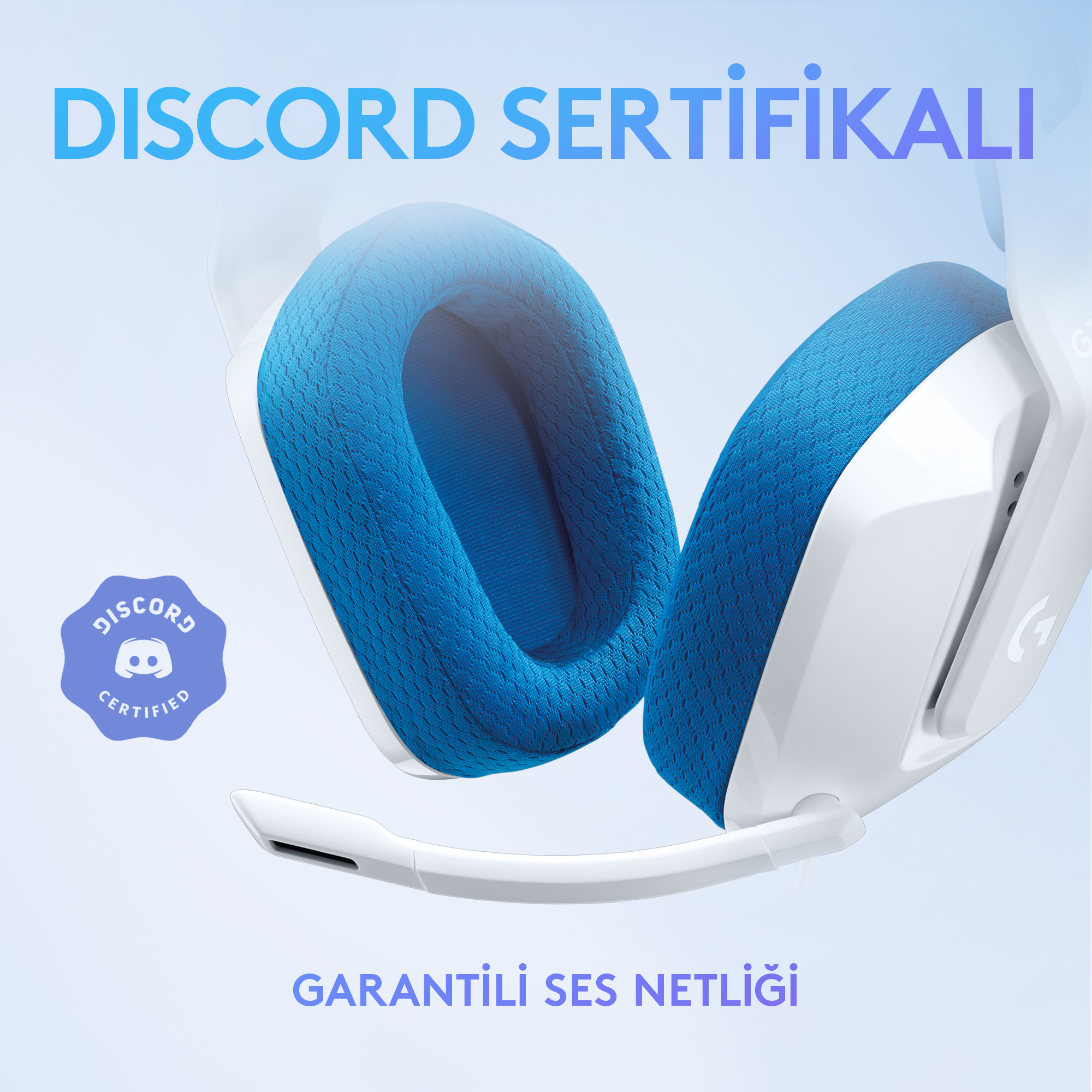 Discord logolu beyaz ve mavi oyuncu kulaklığı. Metin Türkçe.
