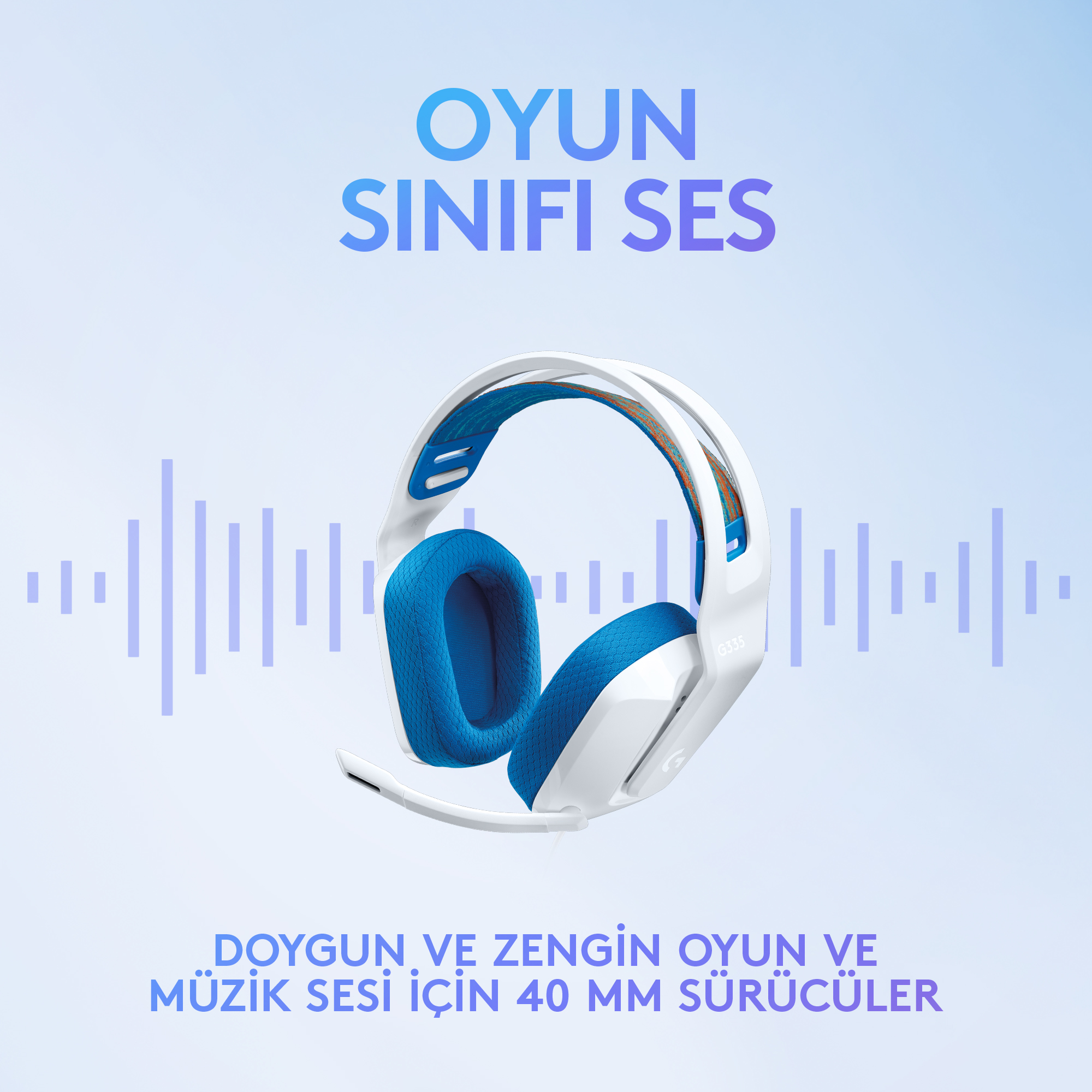 Mavi-beyaz degrade arka plan üzerinde, mikrofonlu beyaz ve mavi oyun kulaklığı.
