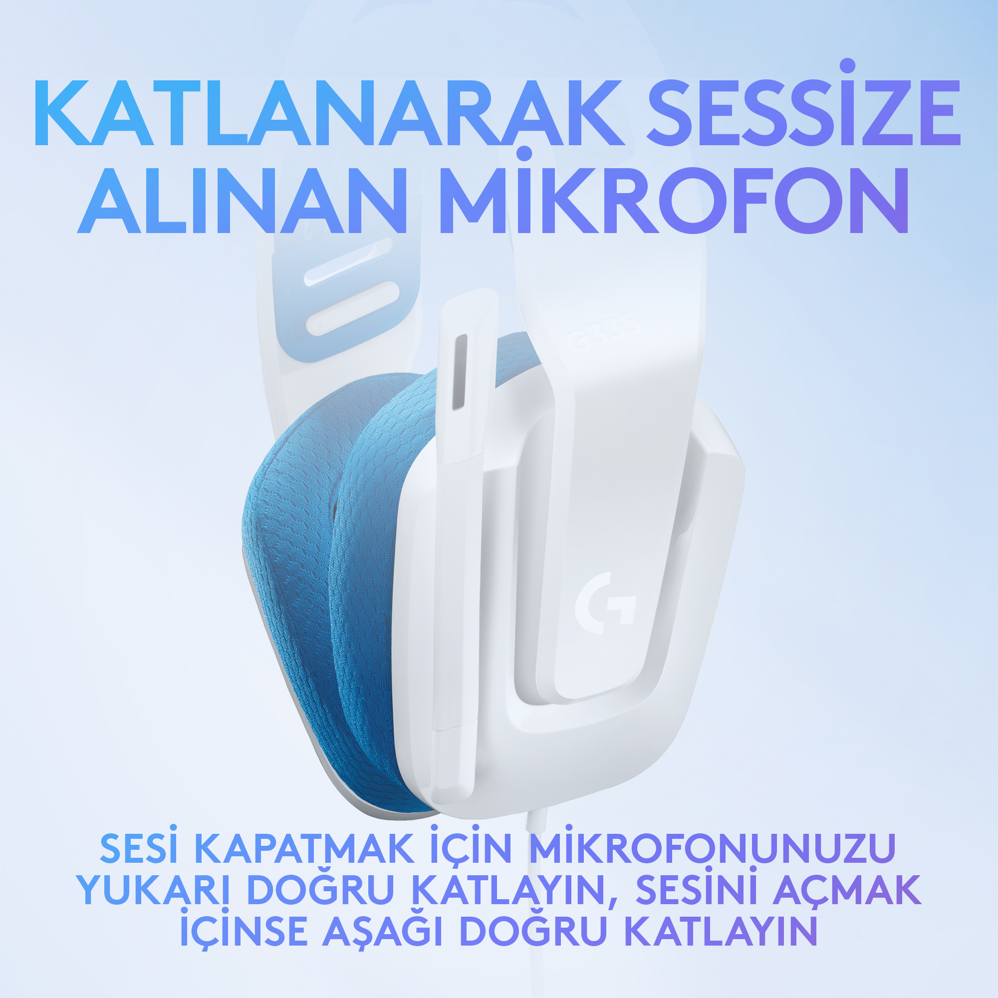 Kulaklıkların üzerinde mavi kumaş bulunan beyaz kulaklık, mikrofonu katlama hakkında metin içeriyor.