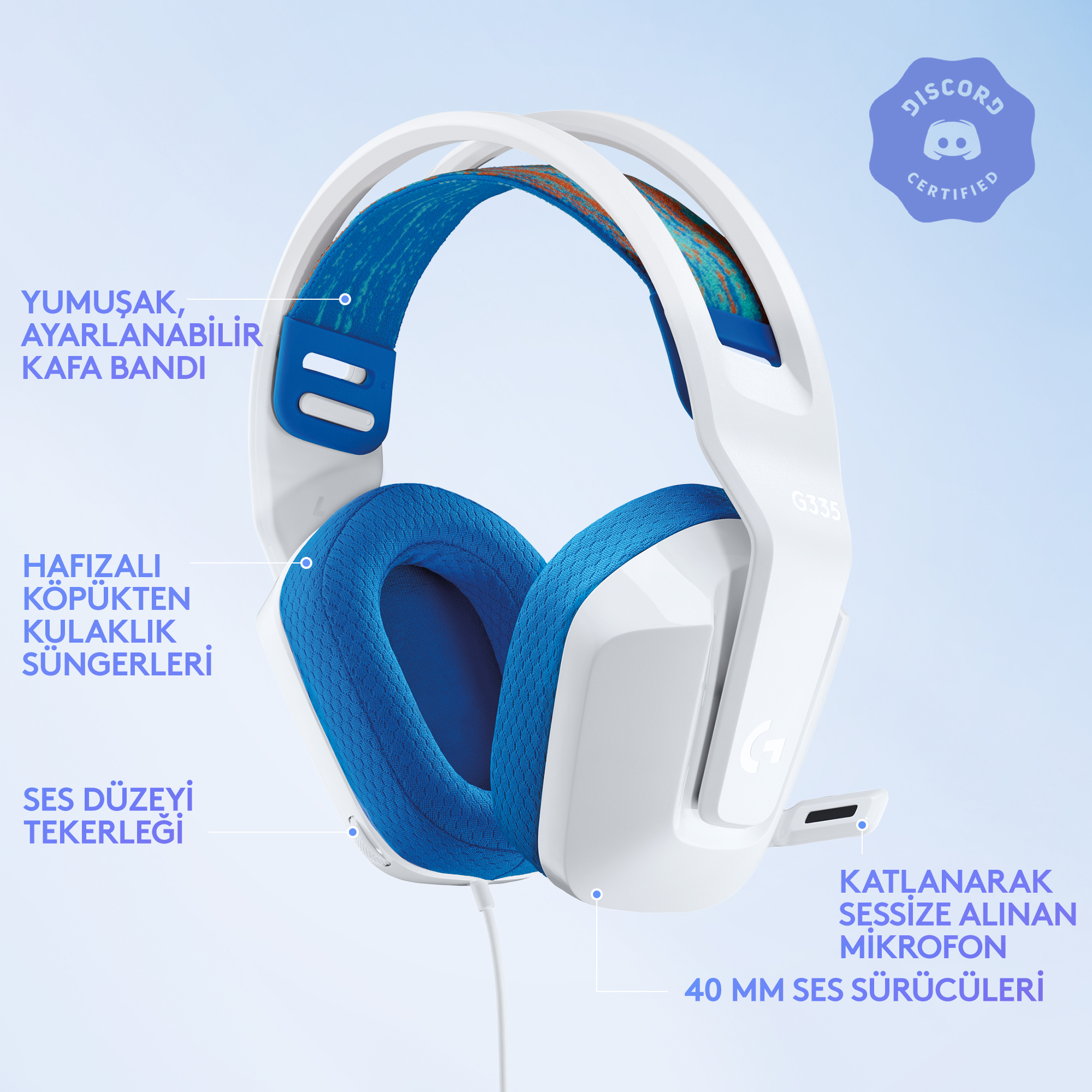 Özellikleri ve özellikleri olan beyaz ve mavi oyun kulaklığı.