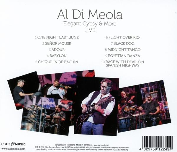 'Al Di Meola: Elegant Gypsy & More Live' CD borítója. A zenekar fotóit és a számlistát tartalmazza.