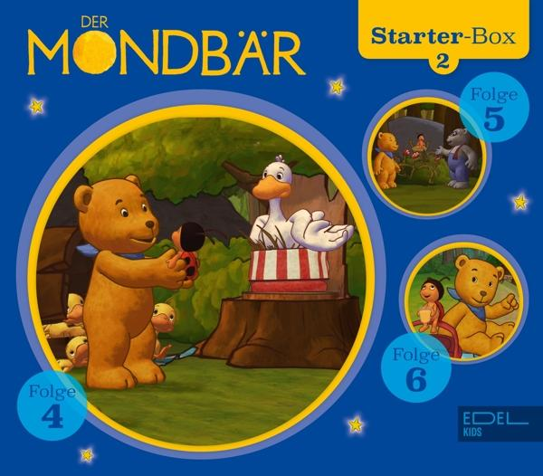 Cover von "Der Mondbär" mit Cartoon-Bären, Enten und Text, mit drei kleineren Bildern.
