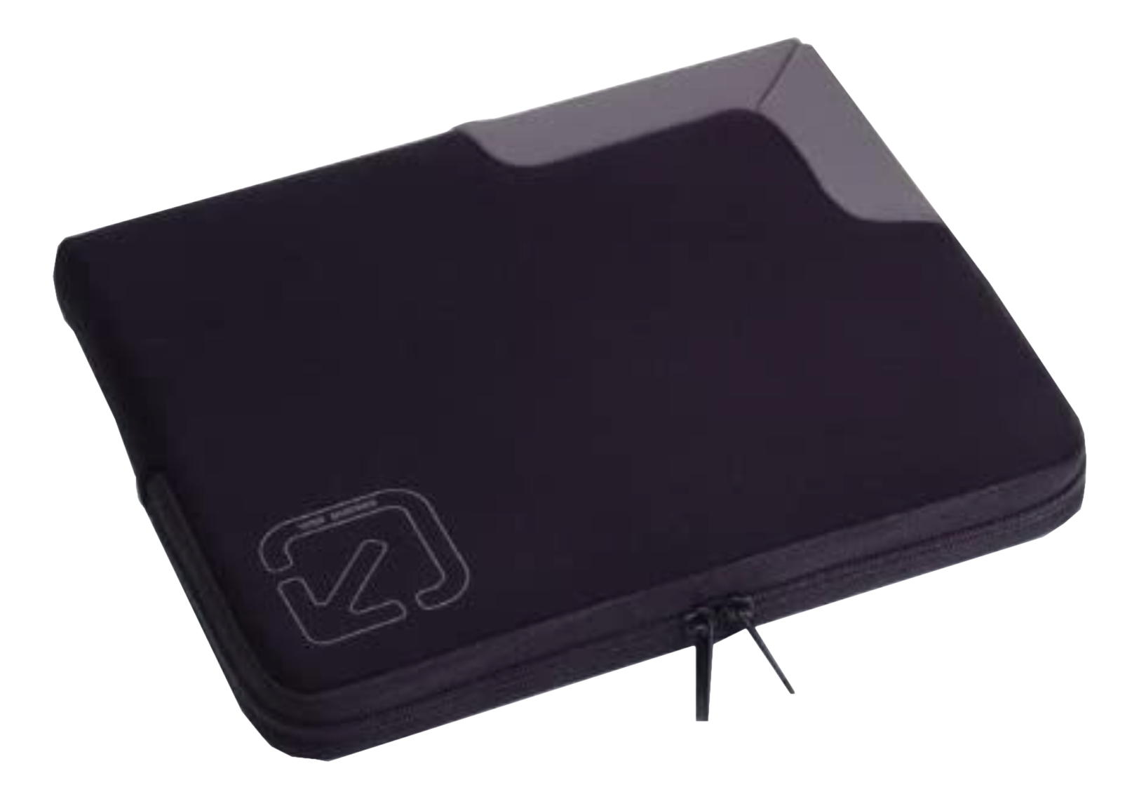 Eine schwarze Laptop-Hülle mit Reißverschluss und Logo, vor schwarzem Hintergrund.