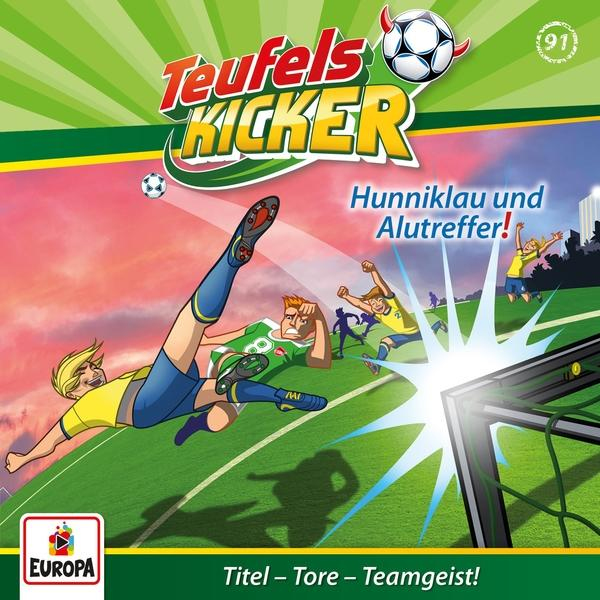 Cartoon-Bild eines Fußballspiels. Spieler in blauen und grünen Trikots sind auf dem Feld.