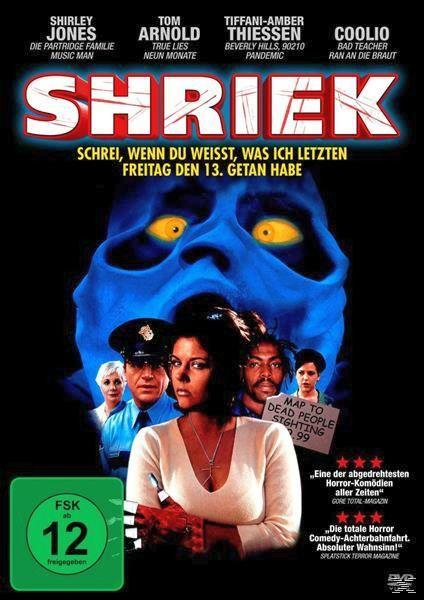 DVD-Cover für den Film Shriek mit Schauspielern und Text, ein blaues Gesicht im Hintergrund.