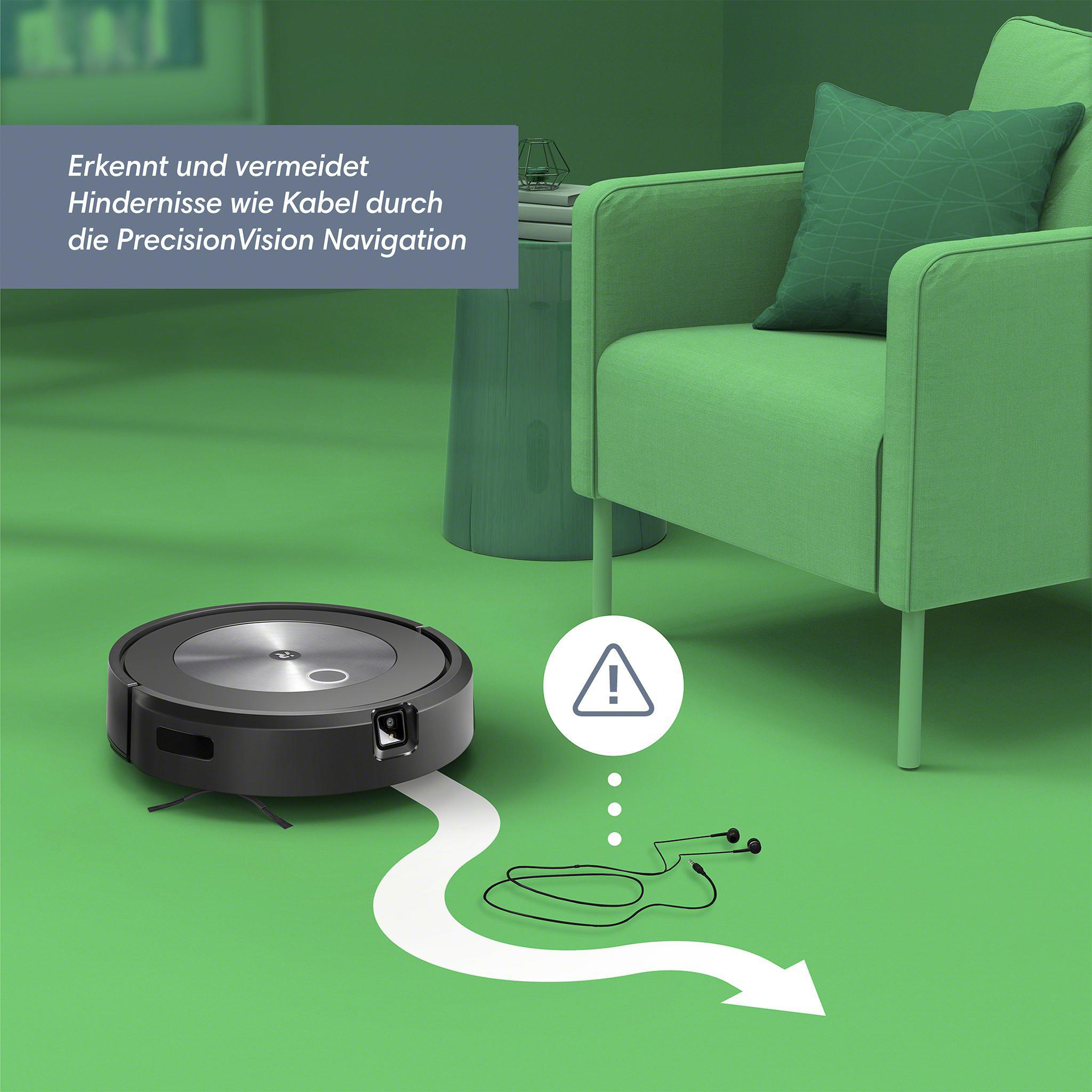 Roboter-Staubsauger vermeidet Kabel. Grüner Boden, Pfeil, Sofa und Text zur Hindernisvermeidung.
