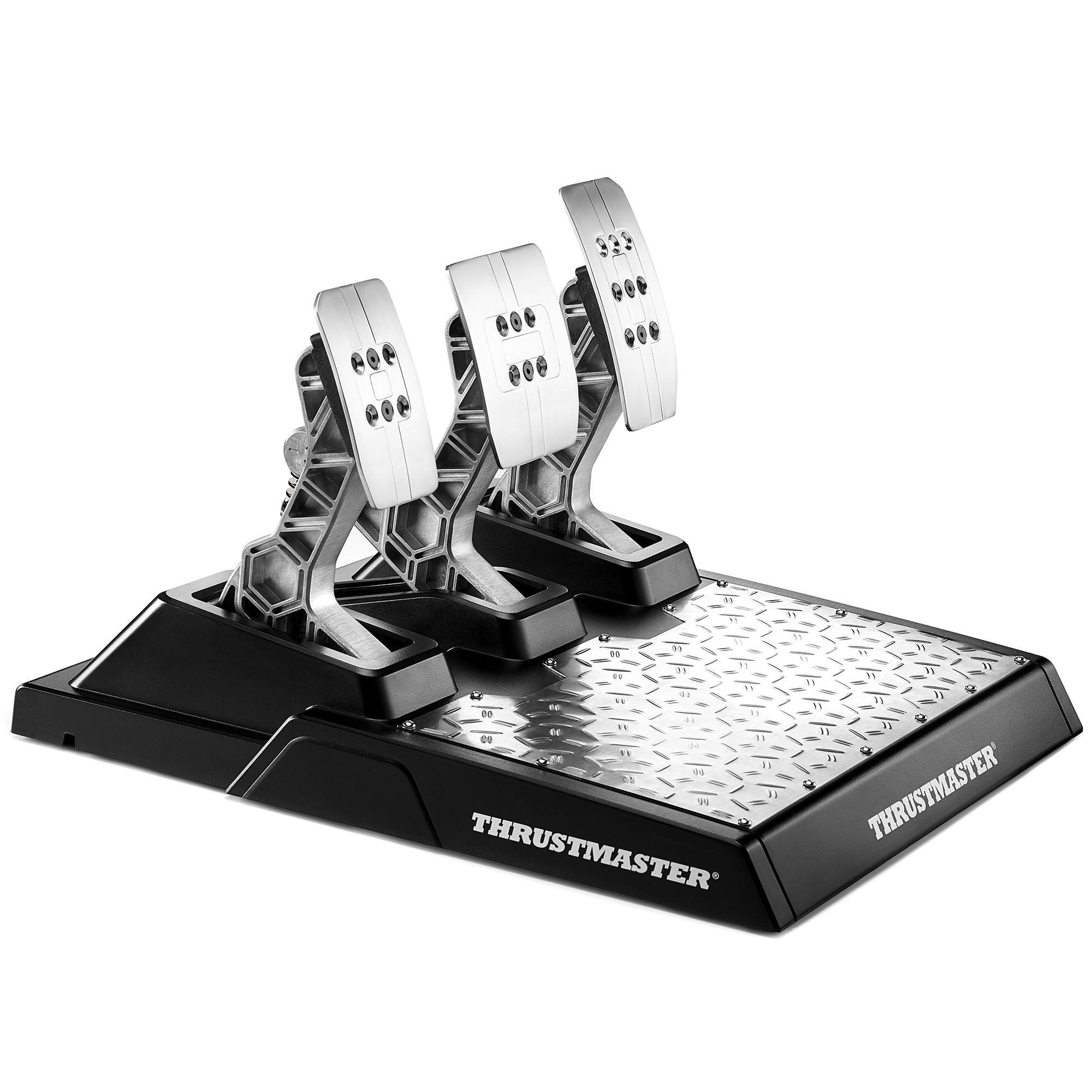 Schwarze Thrustmaster Rennpedale auf schwarzer Basis, Studioaufnahme.