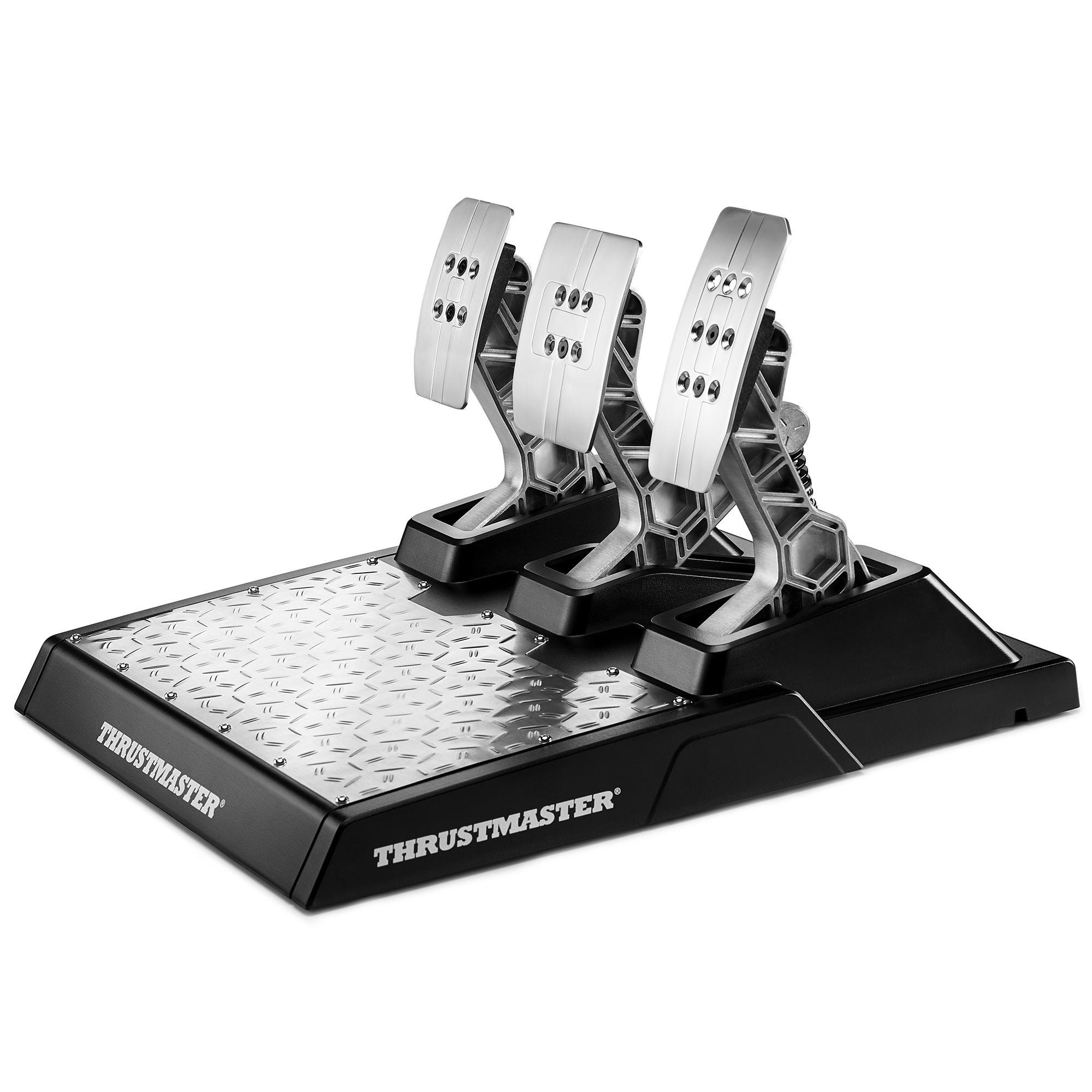 Ein Rennpedalsatz mit drei Pedalen auf schwarzer Basis mit dem Thrustmaster-Logo.