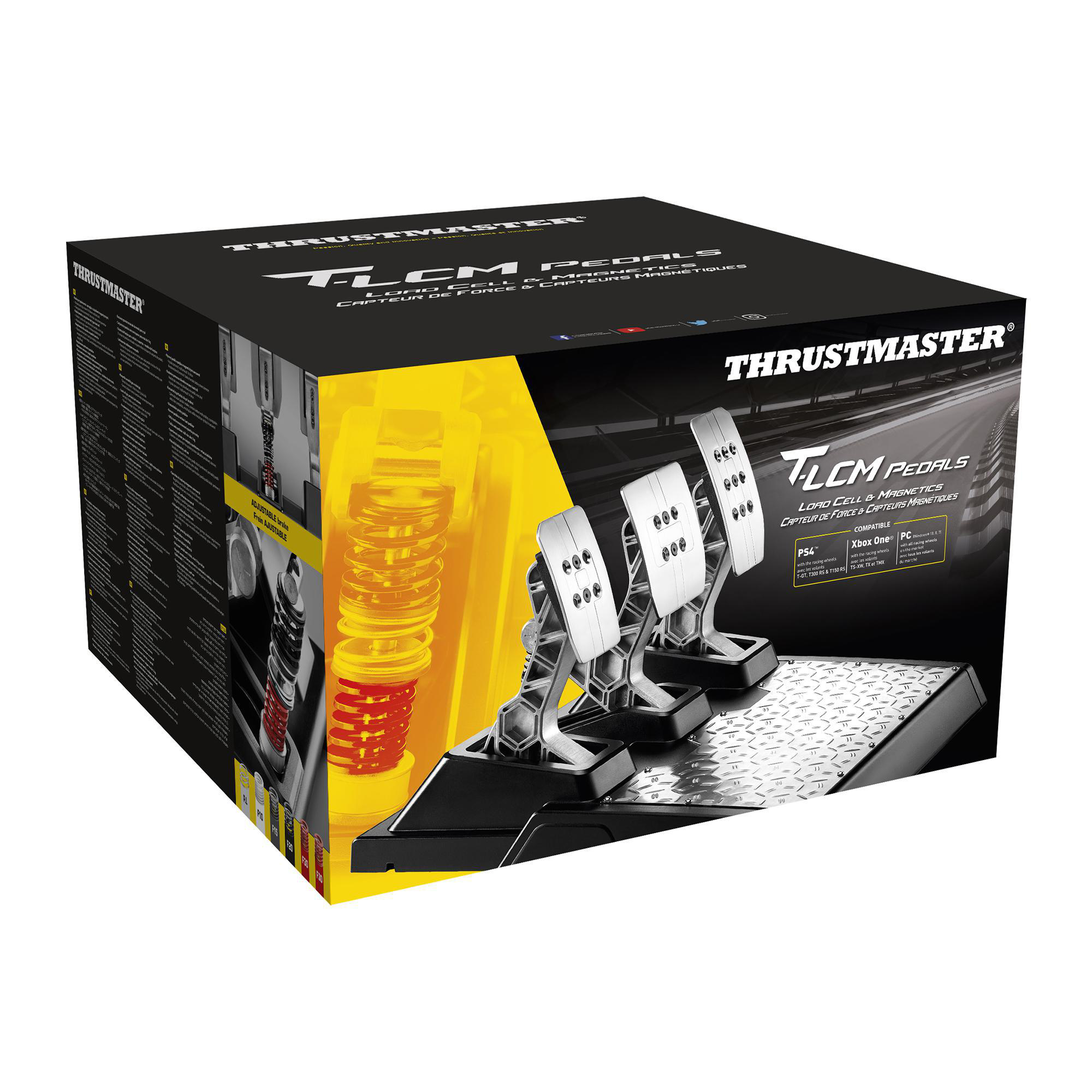 Thrustmaster T-LCM Pedals-Box, mit detailliertem Bild der Pedale im Inneren.