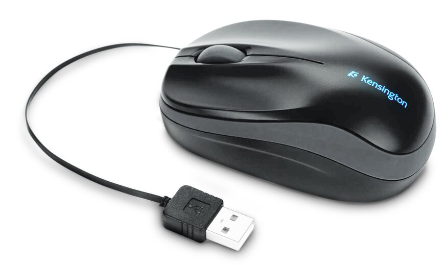 Egy fekete Kensington egér USB csatlakozóval. Van egy görgetőkerék.