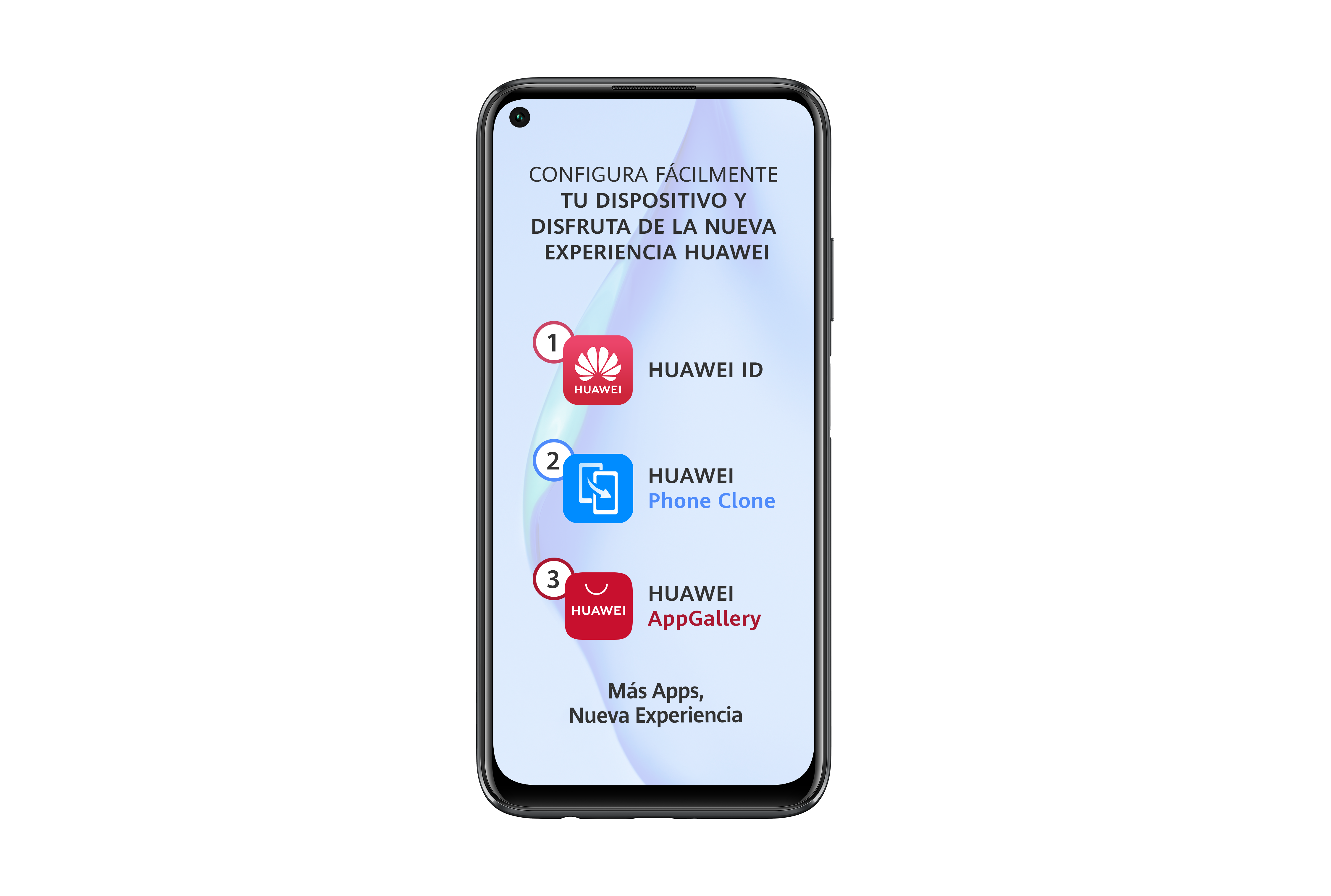 Pantalla de teléfono inteligente con aplicaciones de Huawei: ID, Phone Clone y AppGallery.