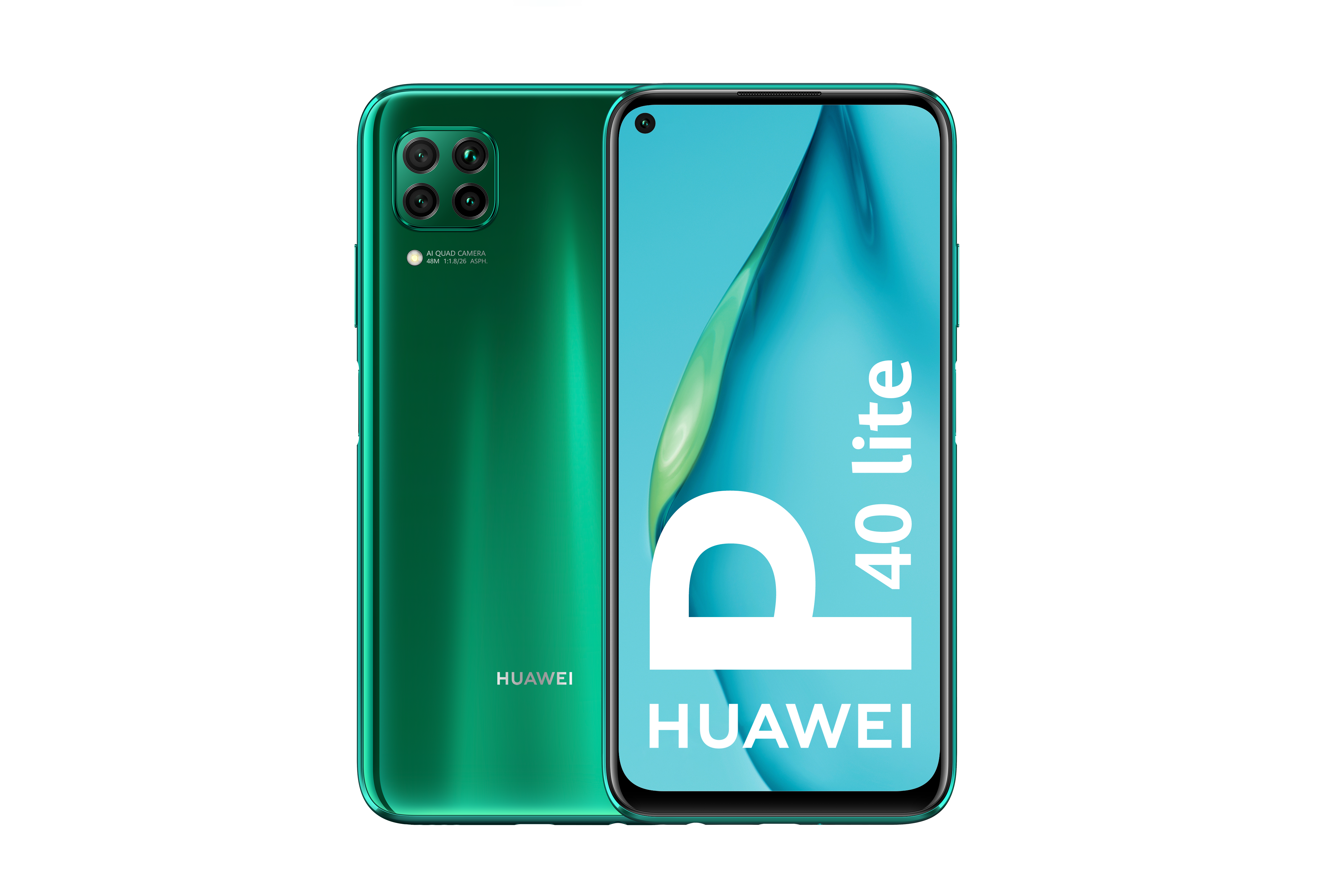 Smartphone Huawei P40 Lite verde sobre fondo negro.