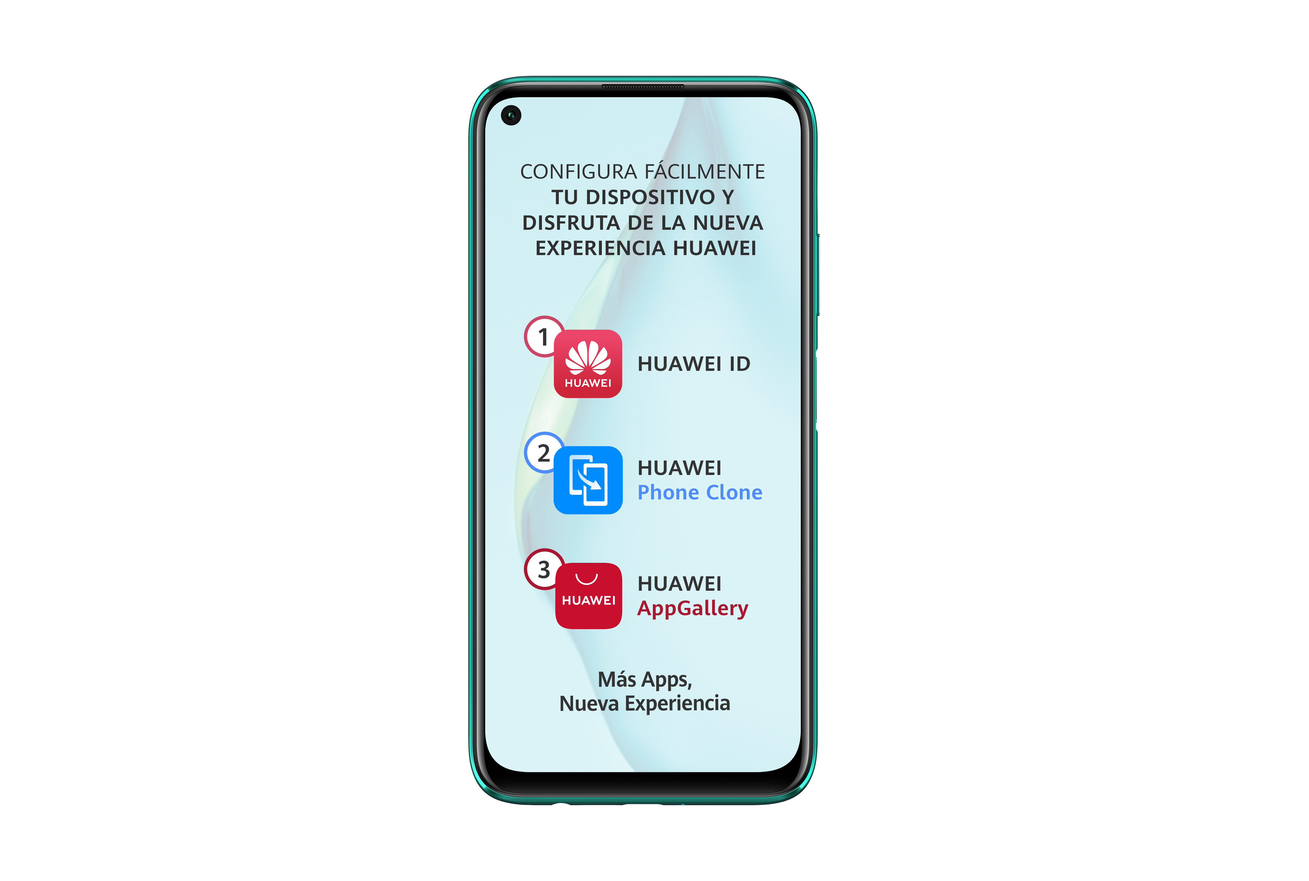 Un smartphone muestra una guía de configuración con aplicaciones Huawei en pantalla.