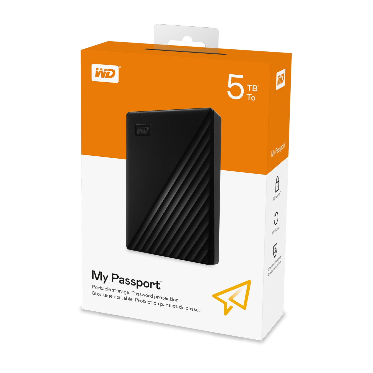 Disco duro portátil negro en caja. Caja blanca y naranja, con info del producto. Fondo blanco.